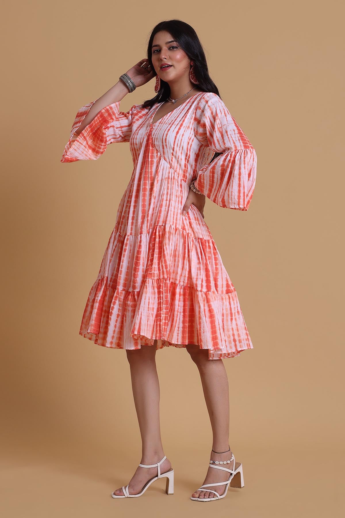 Orange Mulmul V-Neck Midi Dress