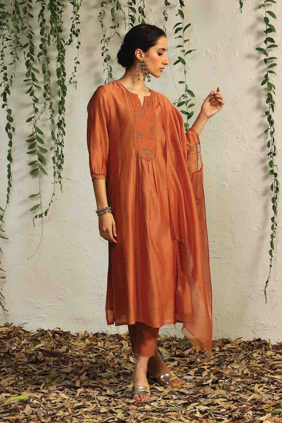 Orange Nakshi Work Kurta Set