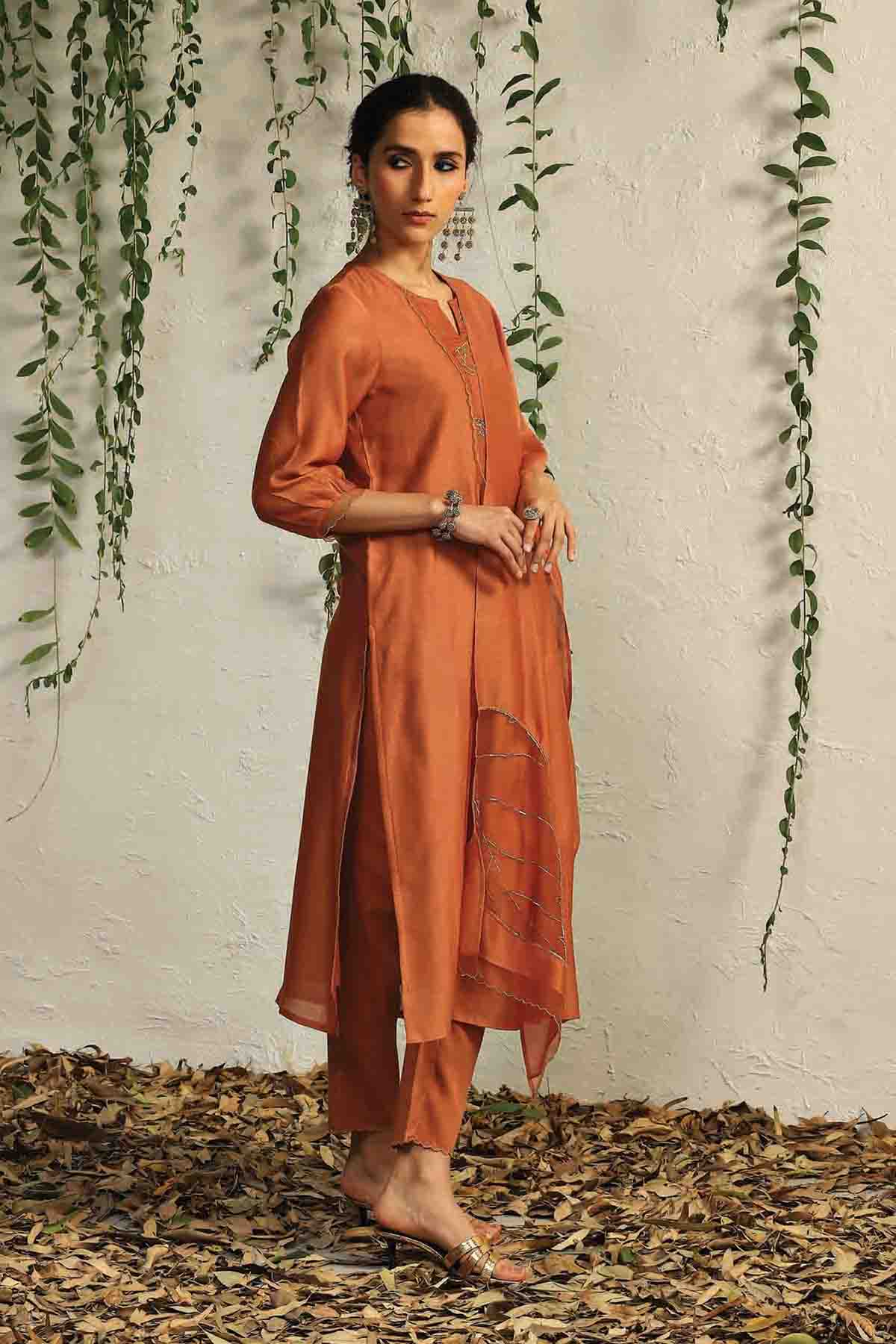 Orange Nakshi Work Kurta Set