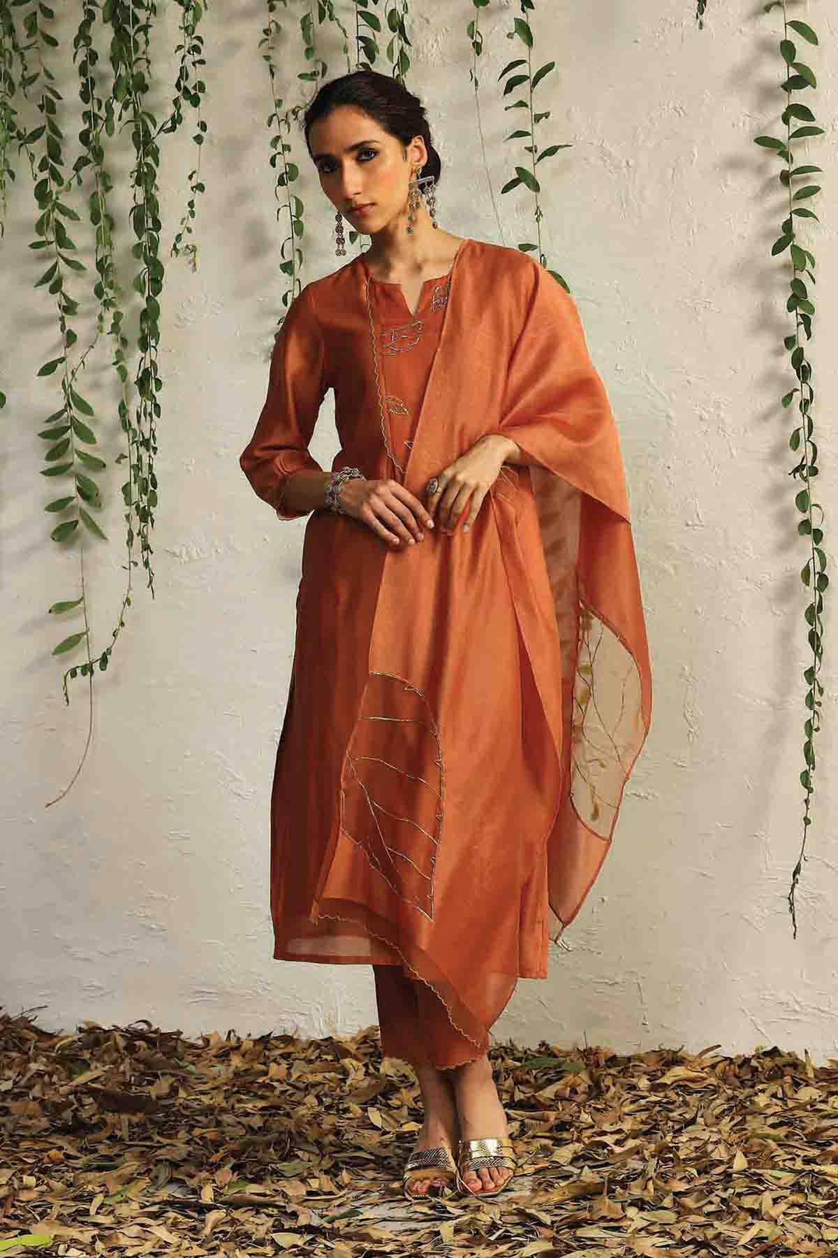 Buy Orange Nakshi Work Kurta Set by Charkhee for women online at ScrollnShops