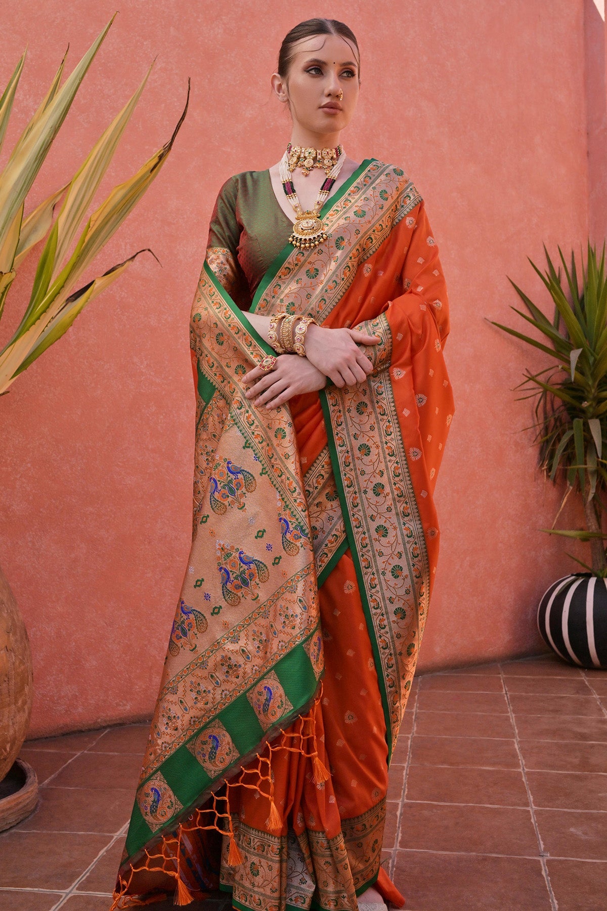Buy Orange Paithani Silk Zari Saree for women by Lili Lala online available at scrollnshops