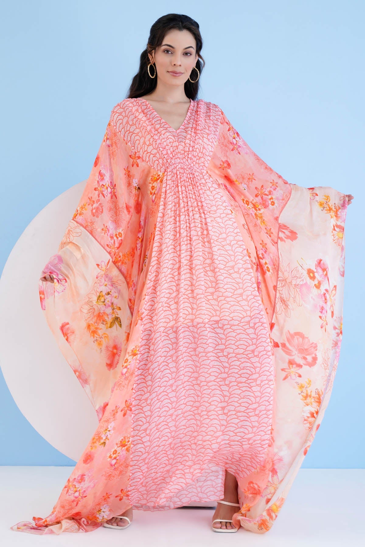 Buy Orange Paneled Gather Kaftan by Mandira Wirk
