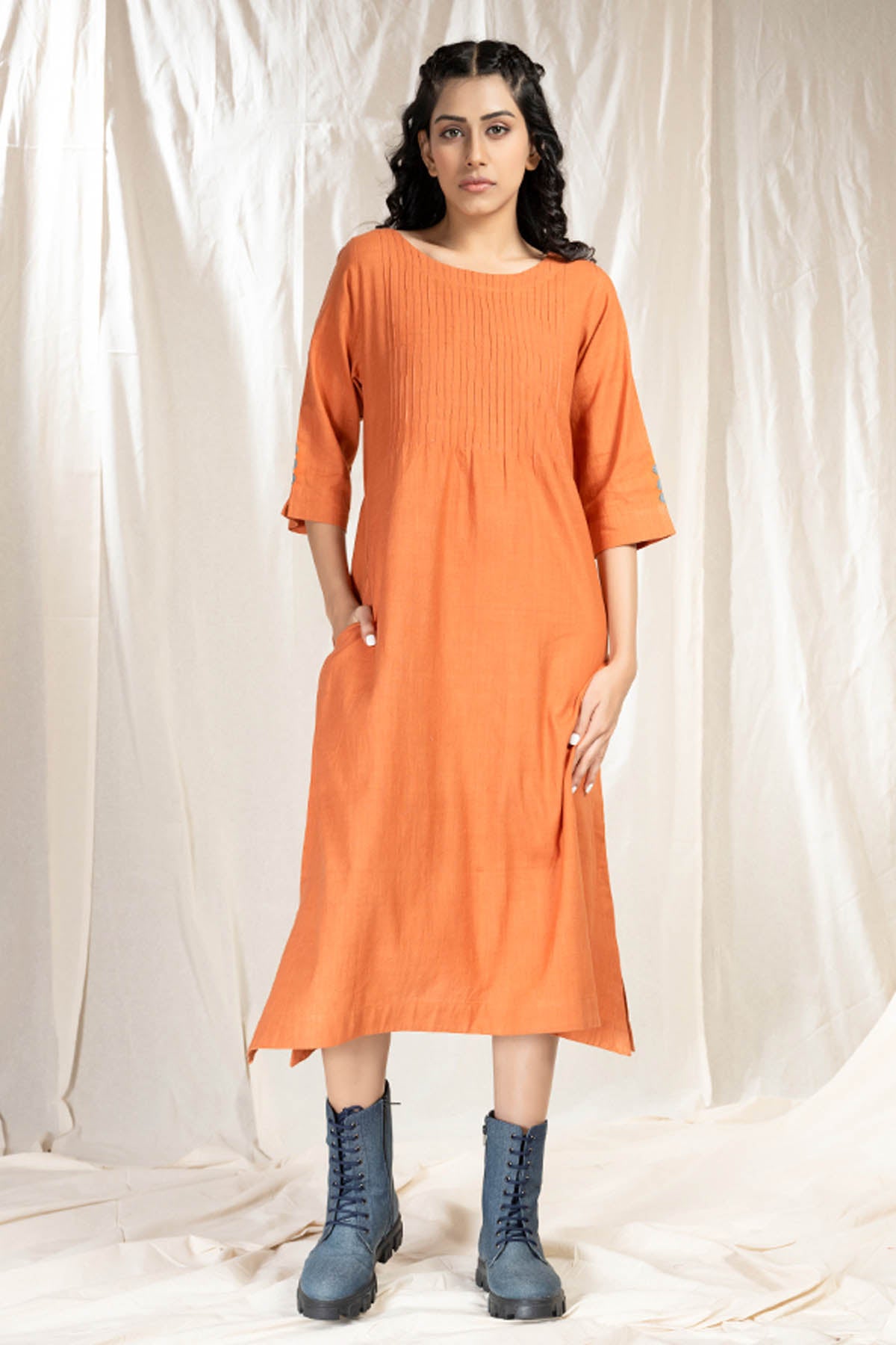 Thread Game Orange Pintuck Asymmetric Dress for women online at ScrollnShops