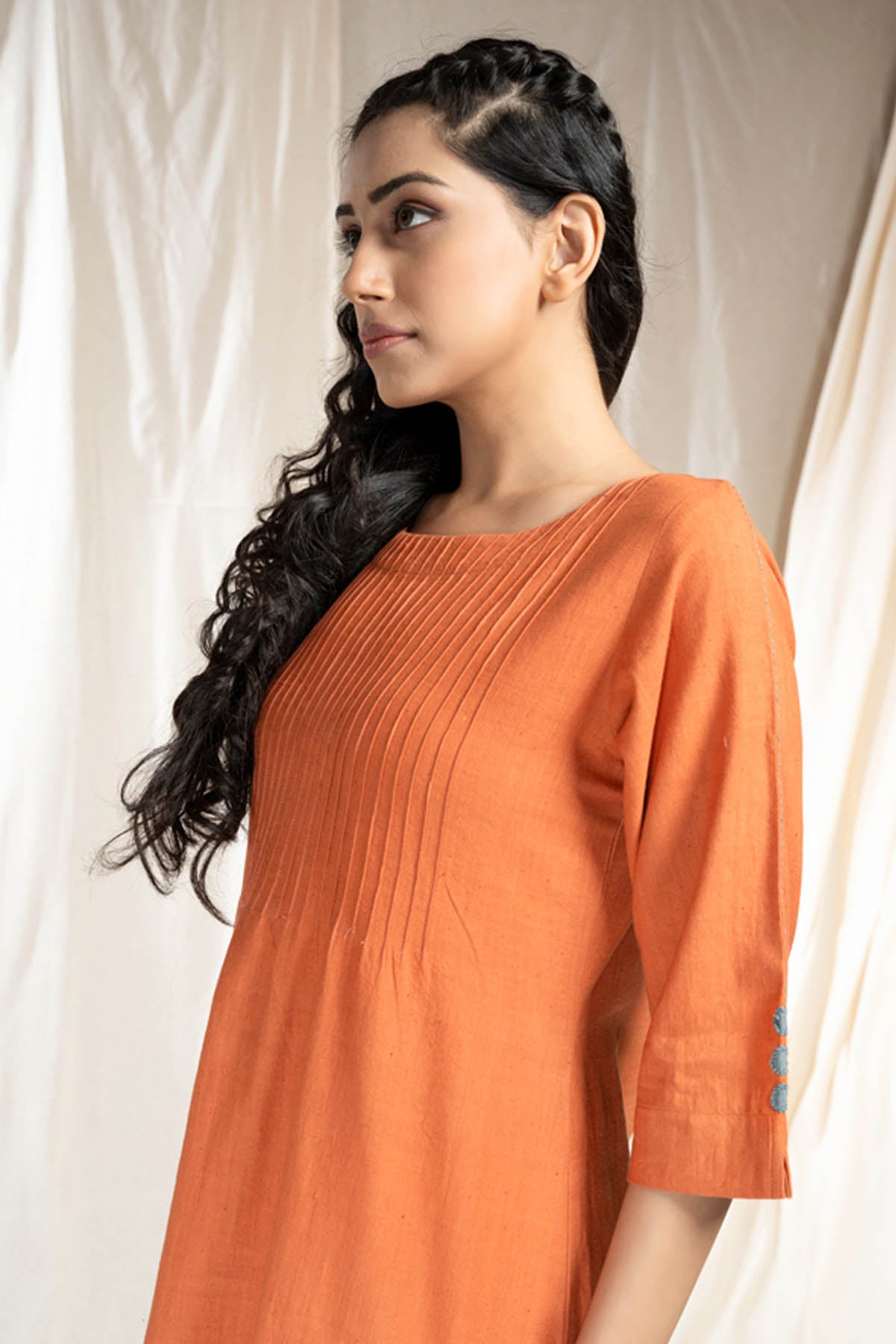 Orange Pintuck Asymmetric Dress