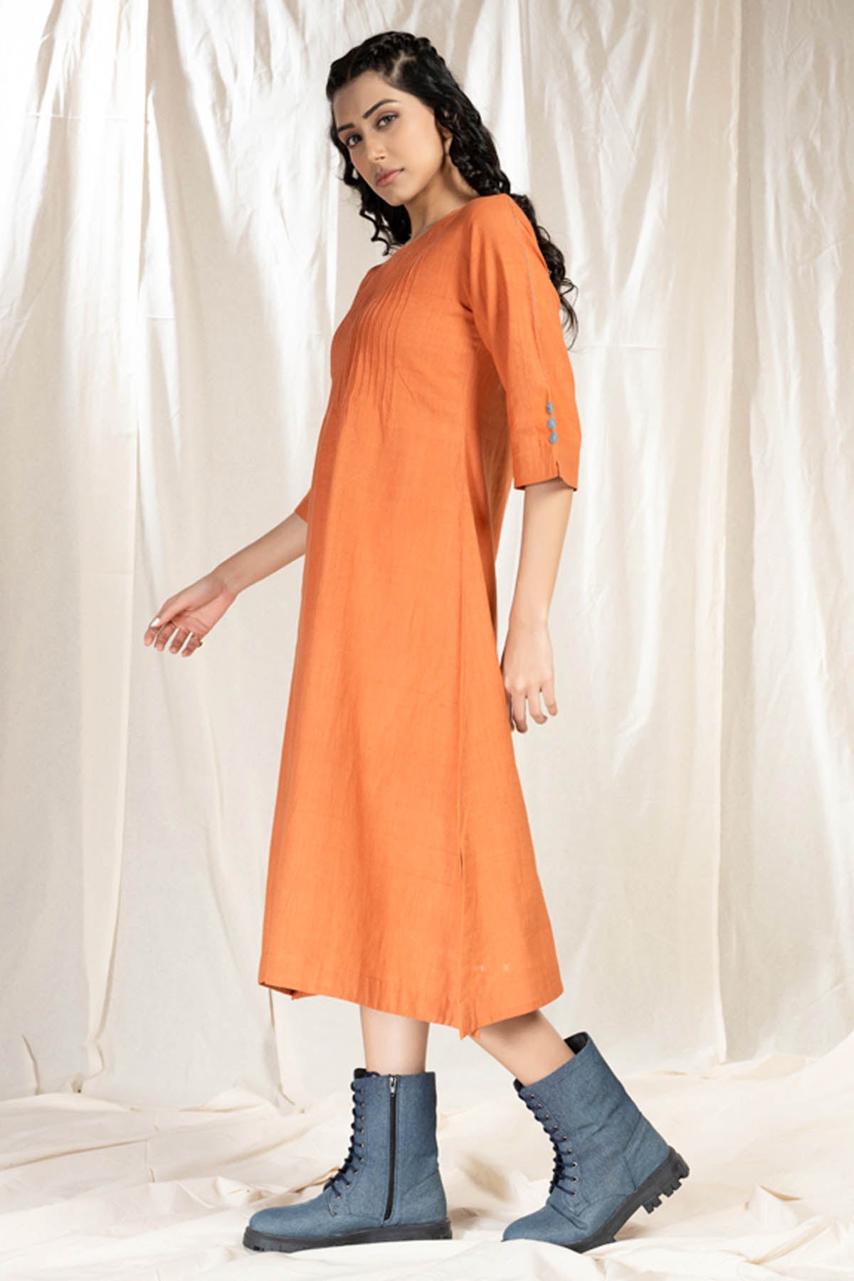 Orange Pintuck Asymmetric Dress