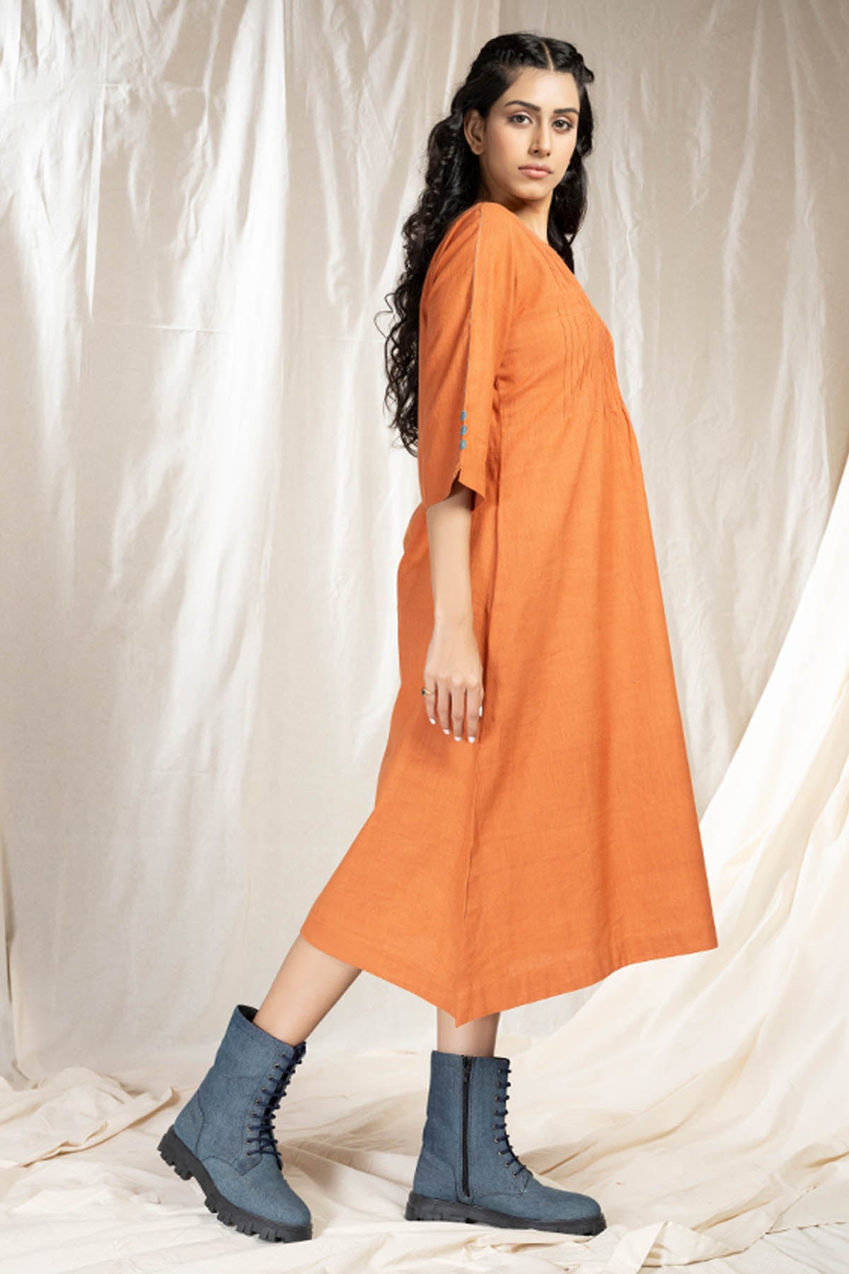 Orange Pintuck Asymmetric Dress