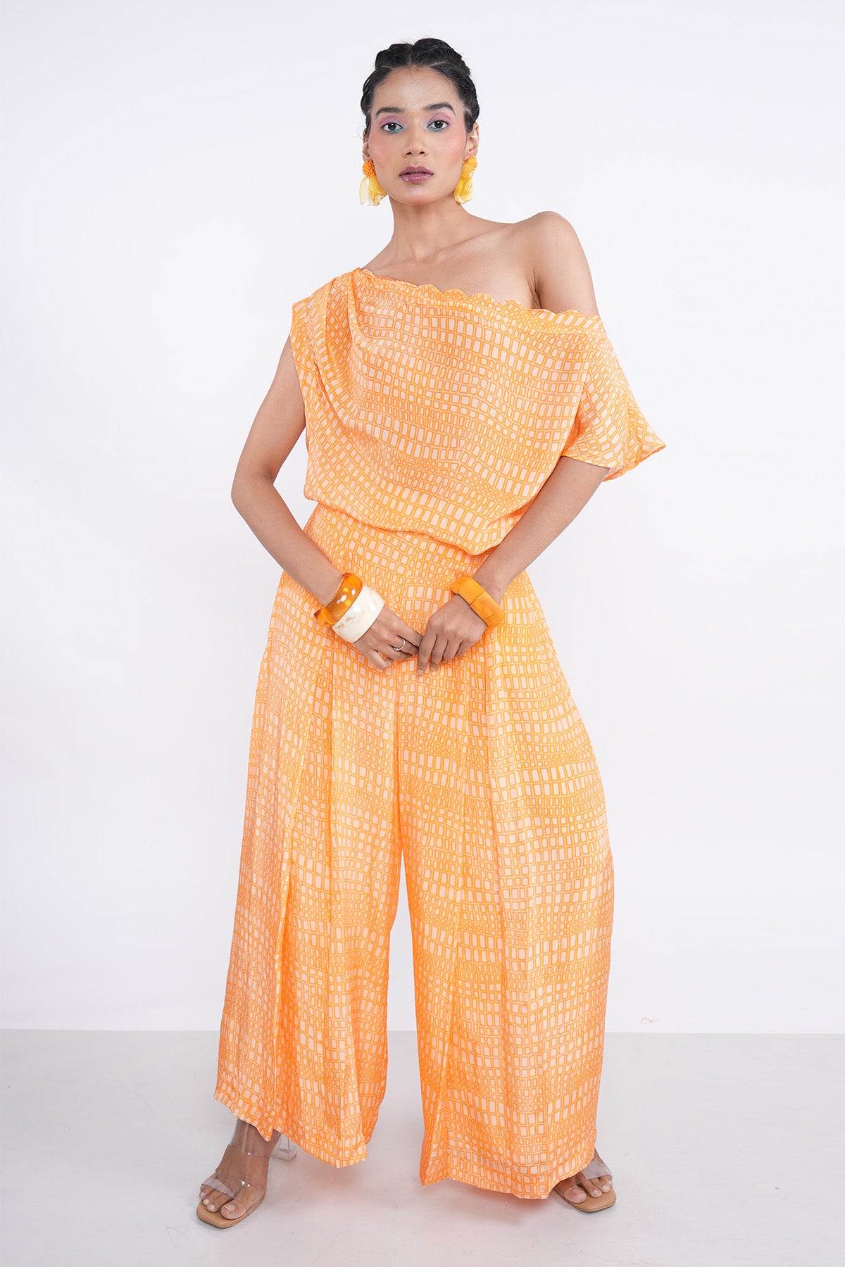 Orange Pleated Kurta & Pants