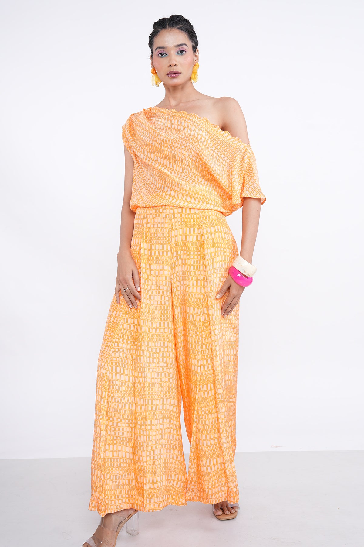Orange Pleated Kurta & Pants