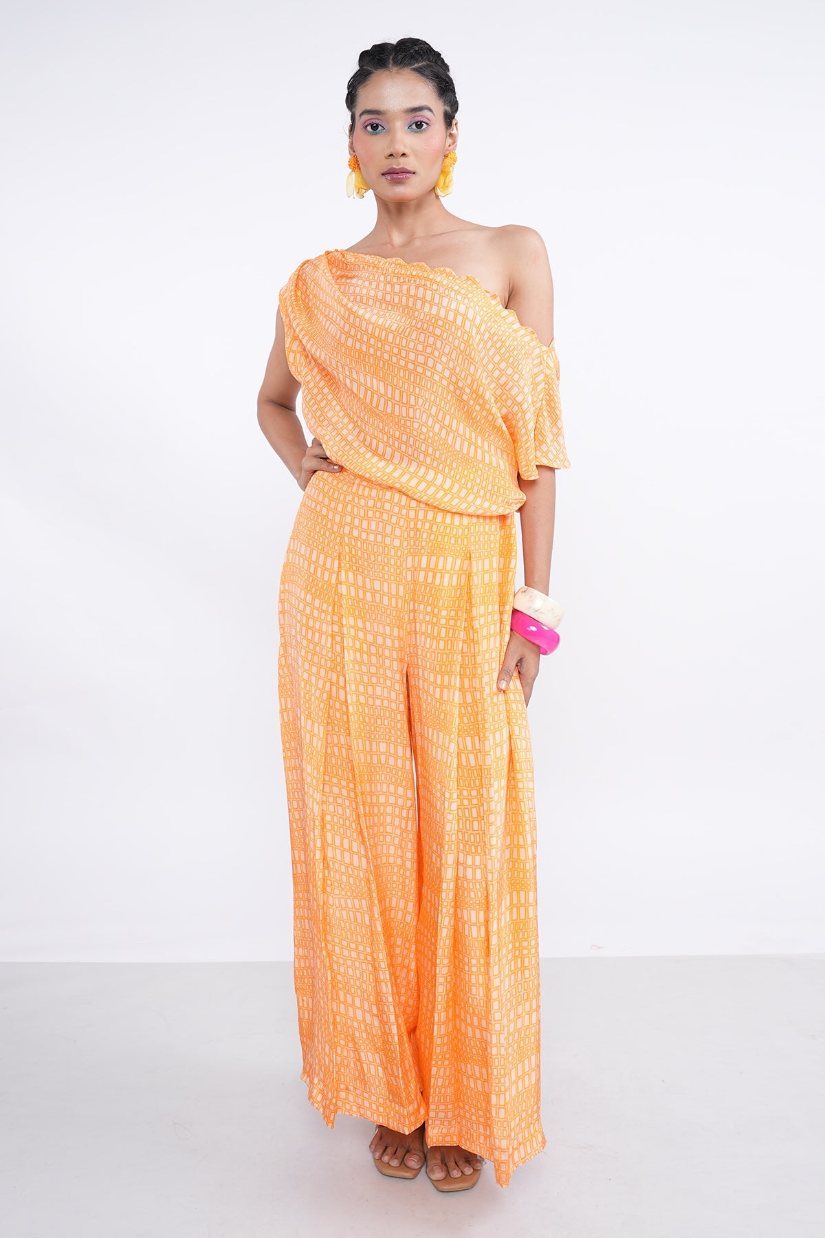 Buy Orange Pleated Kurta & Pants by Demira for women online at ScrollnShops