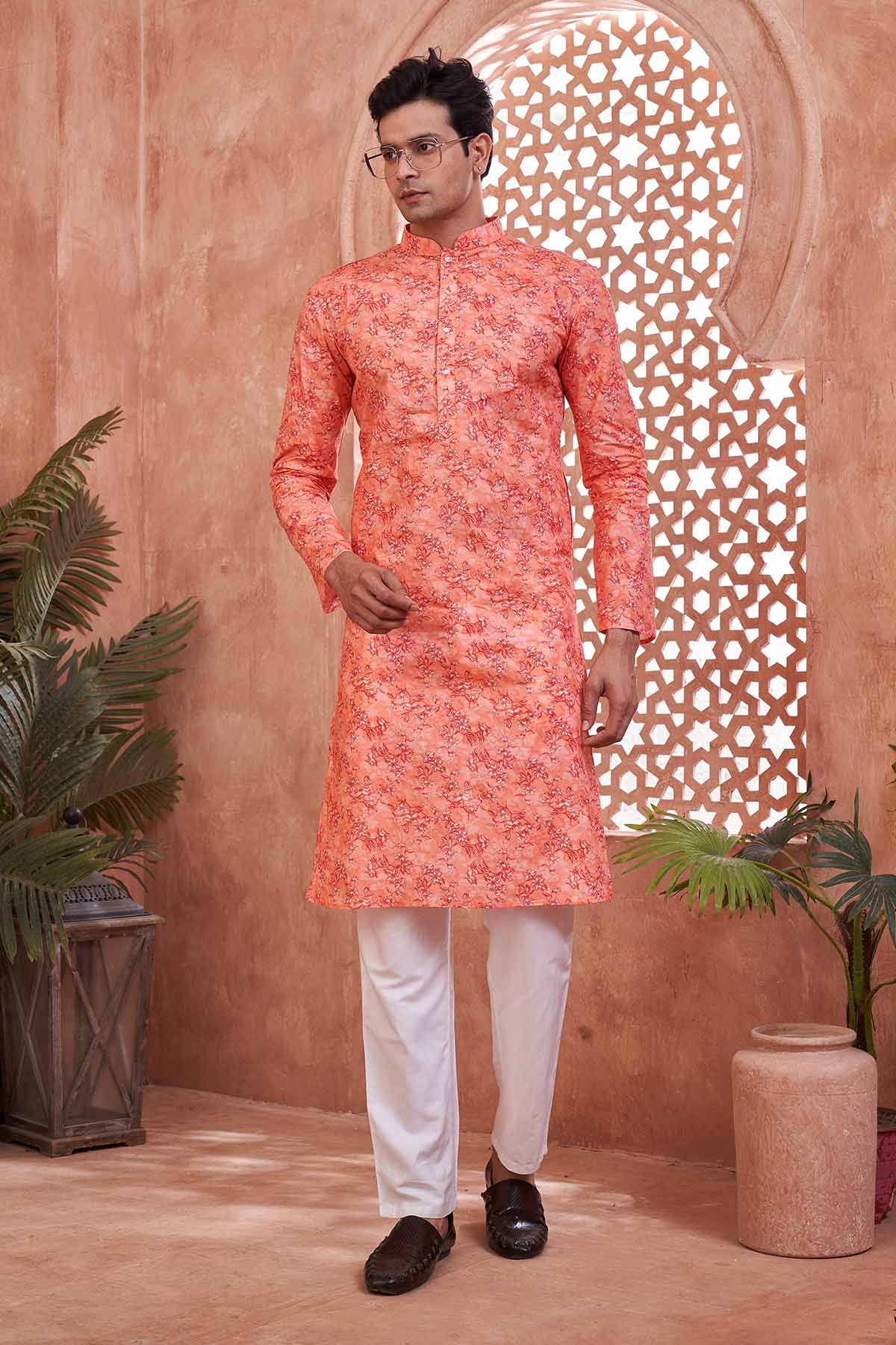 Buy Orange Print 100% Cotton Kurta by SNEHA B - Men for online at ScrollnShops