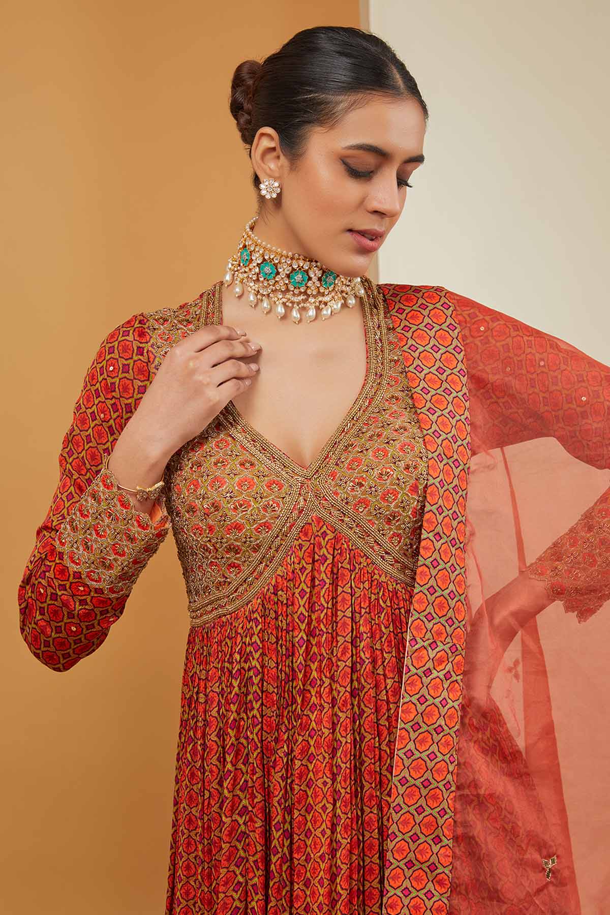 Orange Print Anarkali & Dupatta