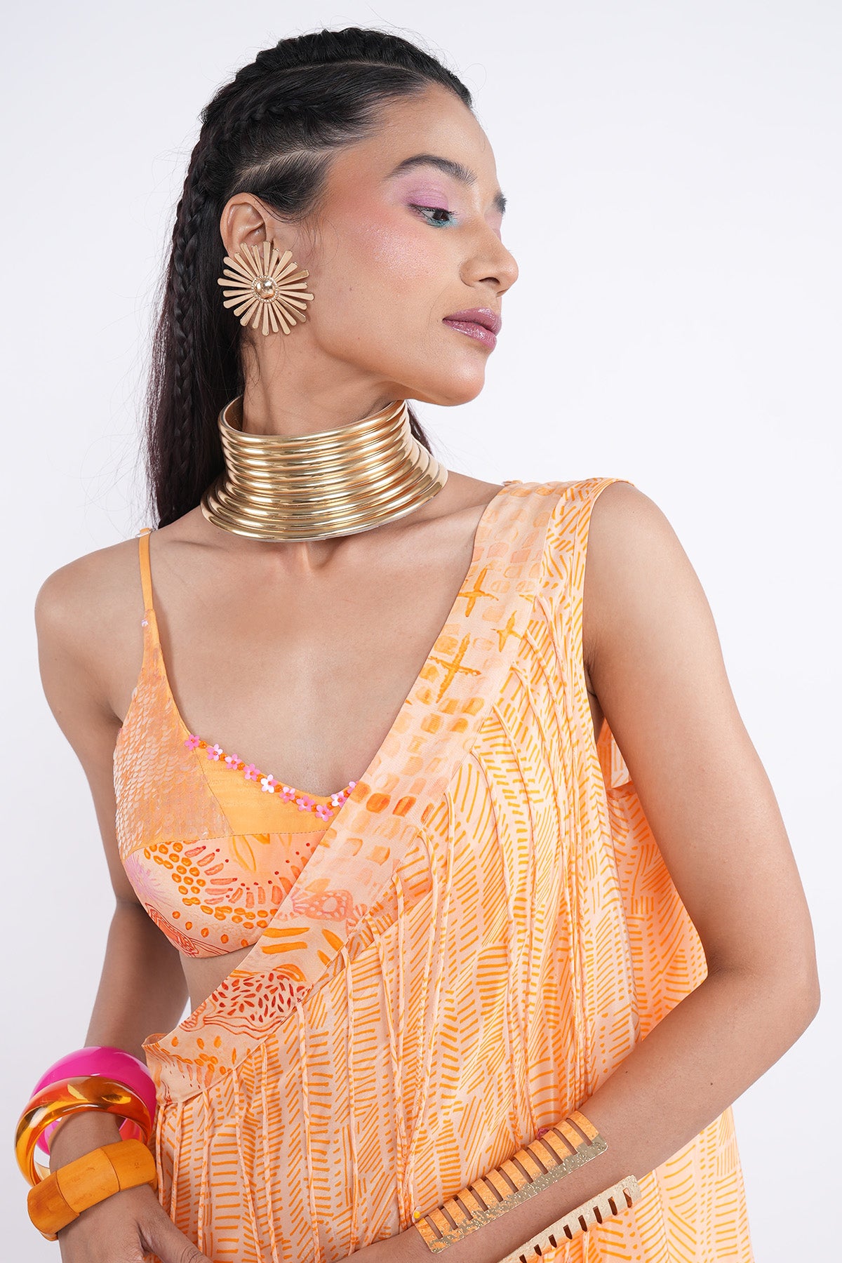 Orange Print Ready To Wear Saree