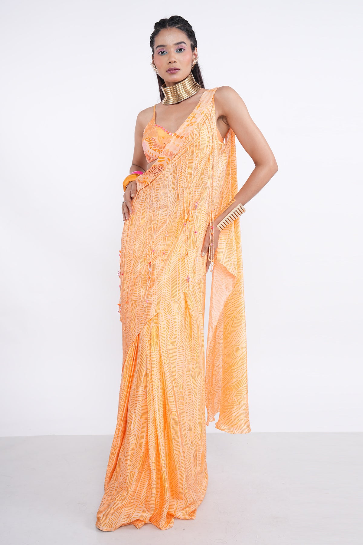 Orange Print Ready To Wear Saree