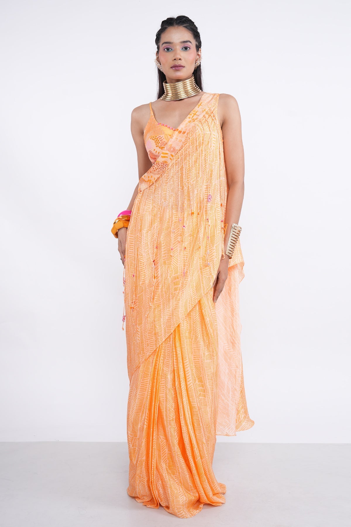 Buy Orange Print Ready To Wear Saree by Demira for women online at ScrollnShops