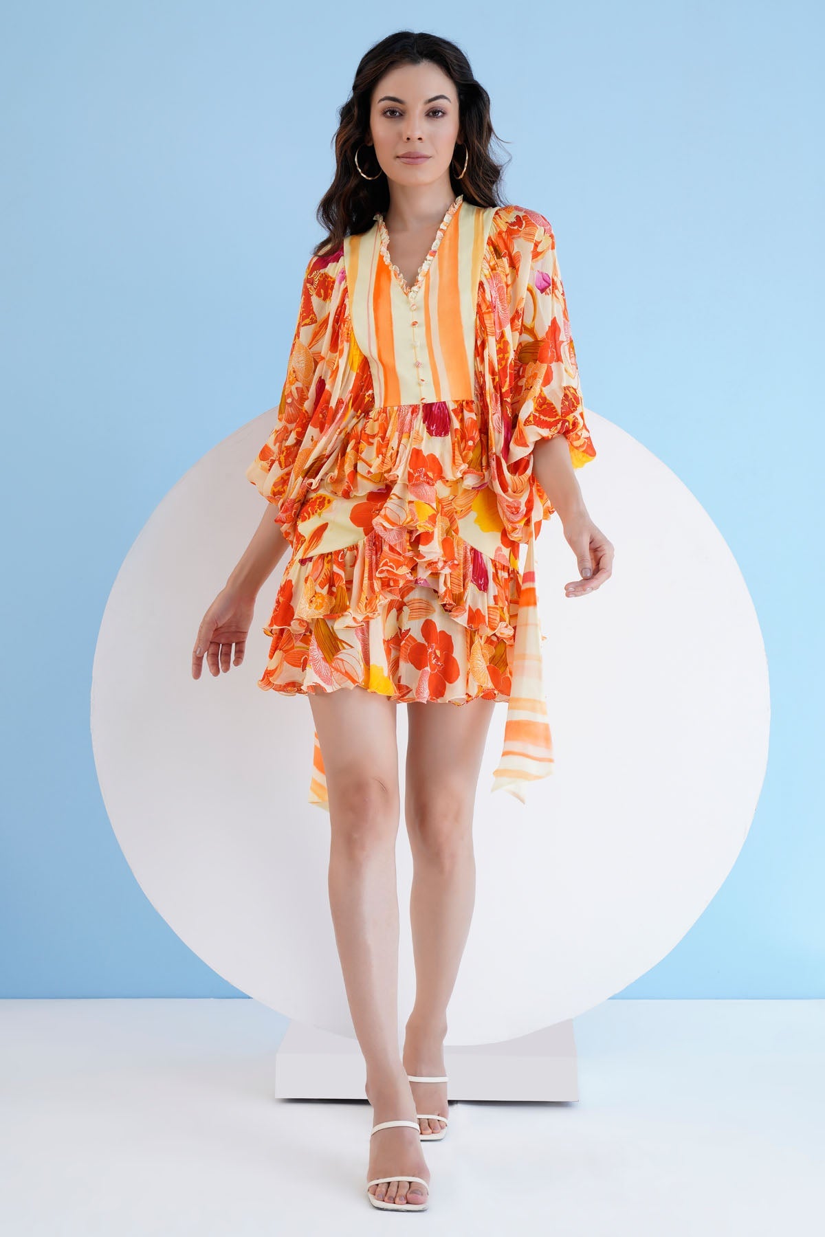 Buy Orange Print Short Tiered Dress by Mandira Wirk