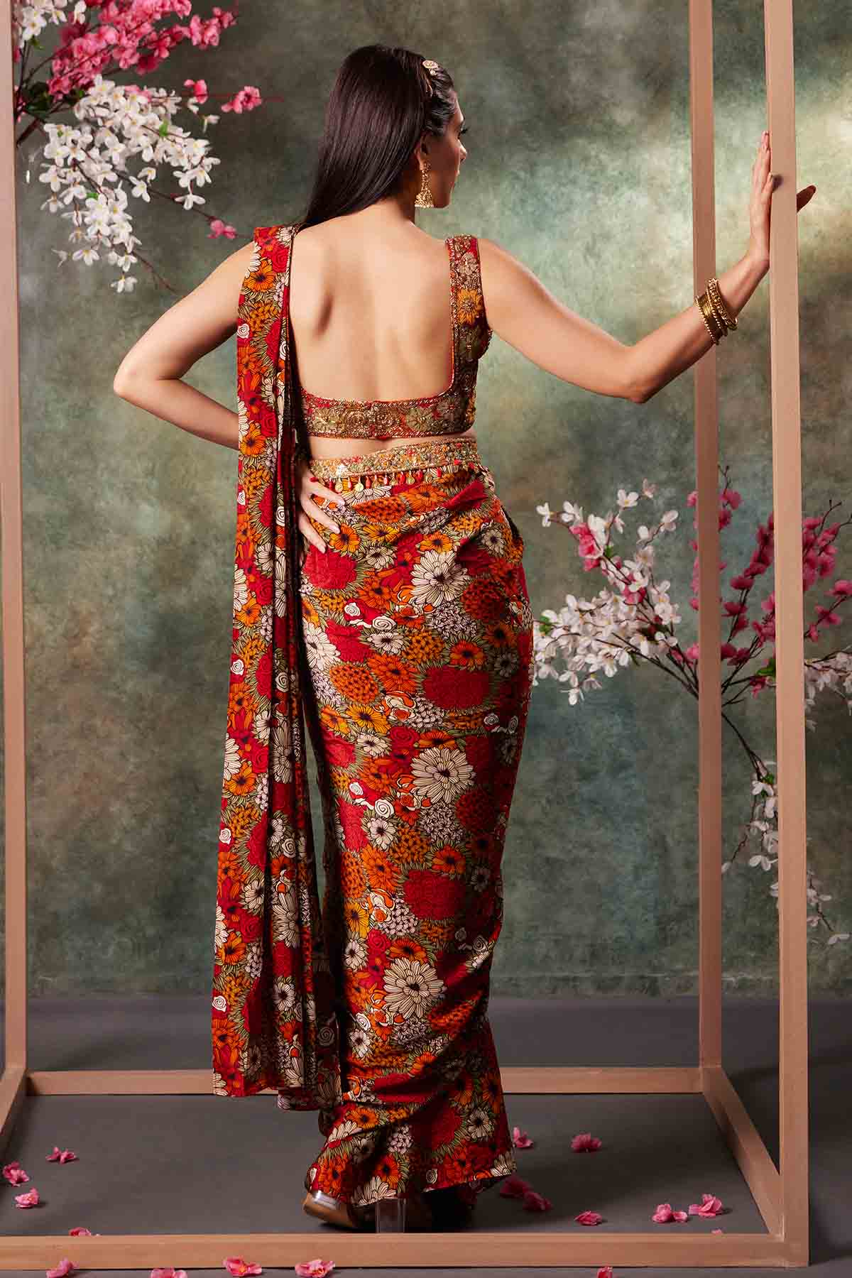 Orange Printed Blouse & Saree