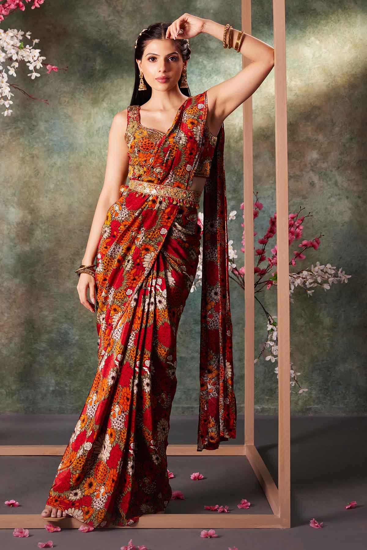 Buy Orange Printed Blouse & Saree by Mehak Murpana for women online at ScrollnShops