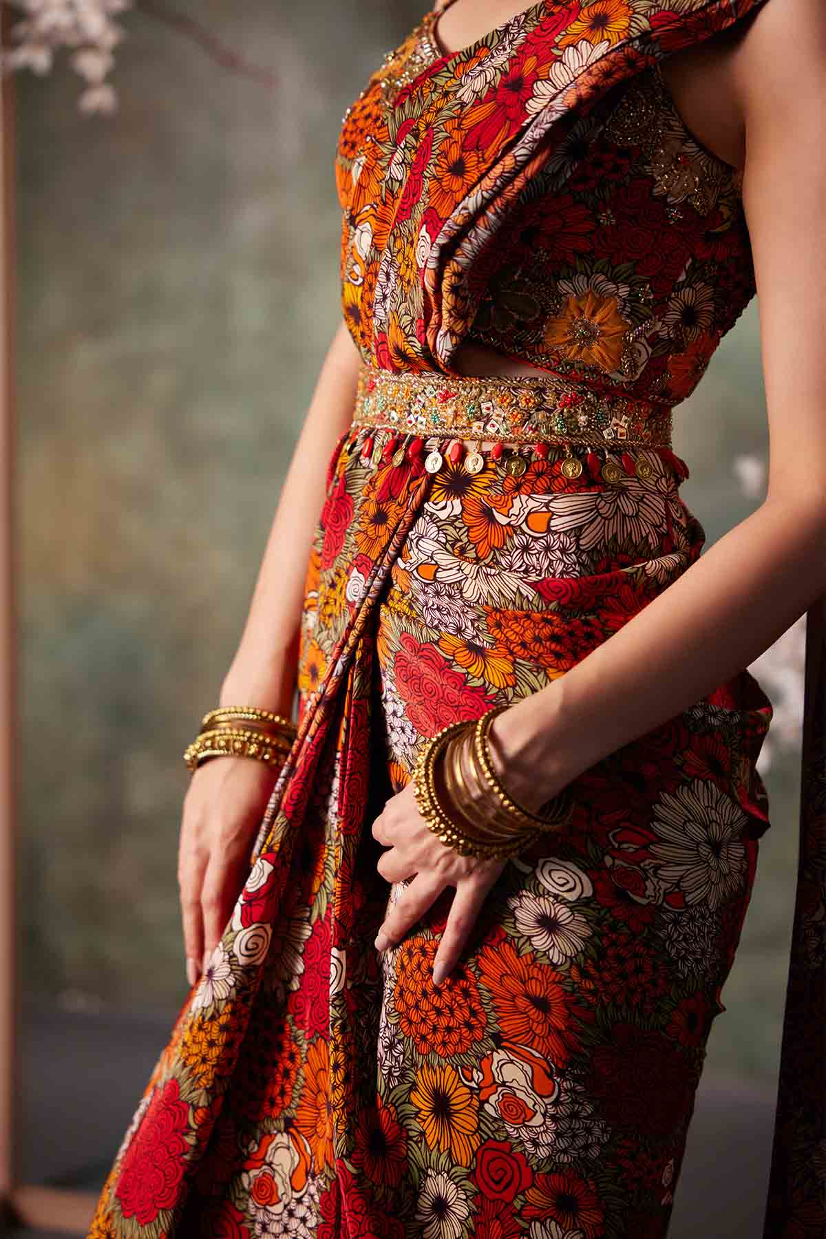 Orange Printed Blouse & Saree