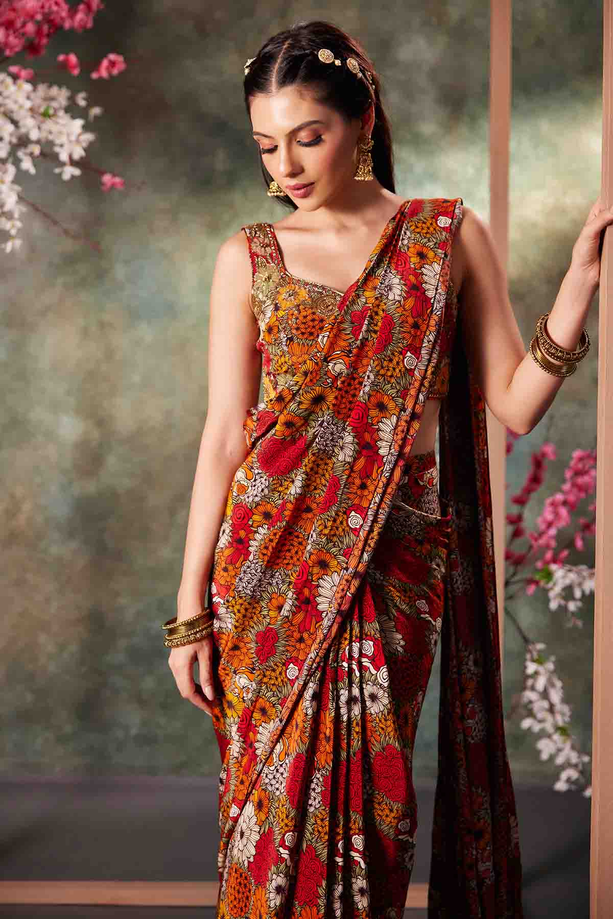 Orange Printed Blouse & Saree