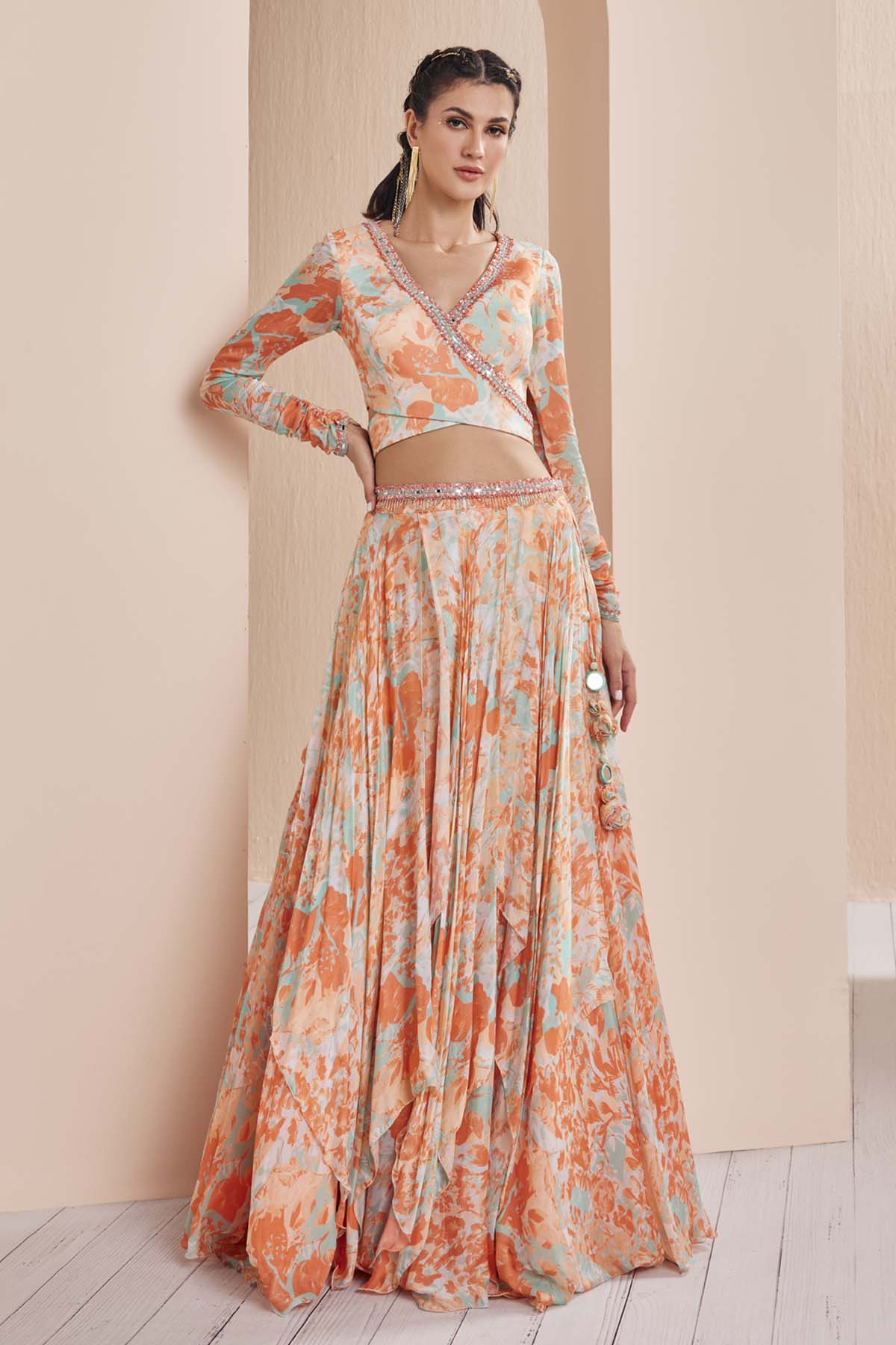 Buy Orange Printed Chiffon Lehenga Set by Mandira Wirk