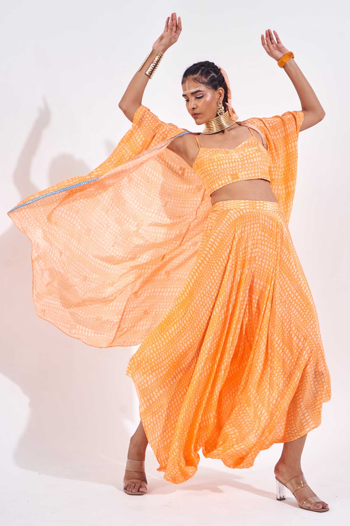 Orange Printed Cowl Dhoti Pants