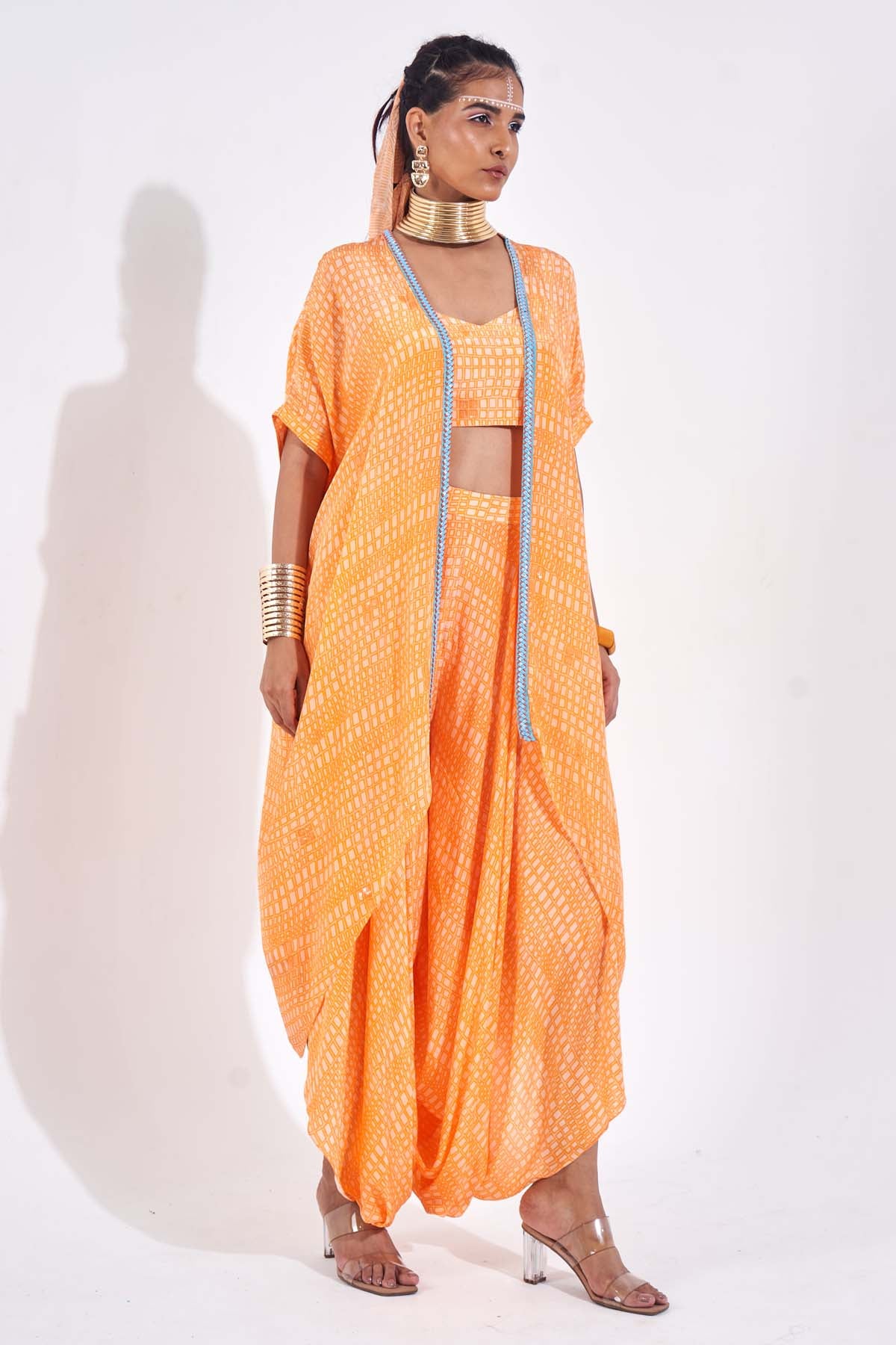 Orange Printed Cowl Dhoti Pants