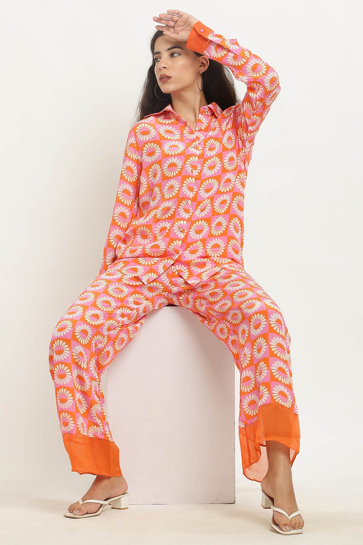 Designer Kusmi Sunshine Chic: Vibrant Orange Crepe Co-ord For Women at ScrollnShops