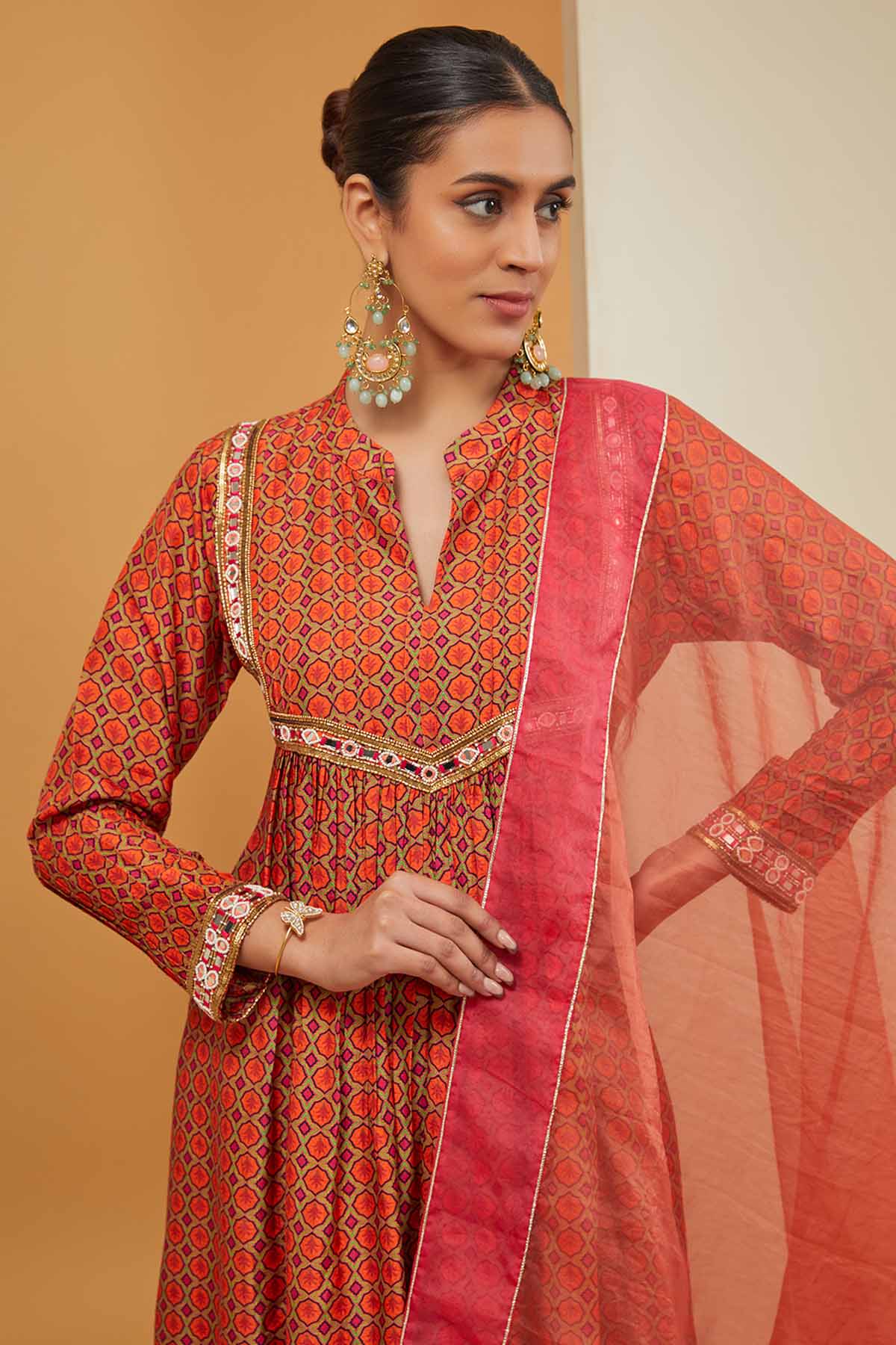 Orange Printed Flared Kurta Set