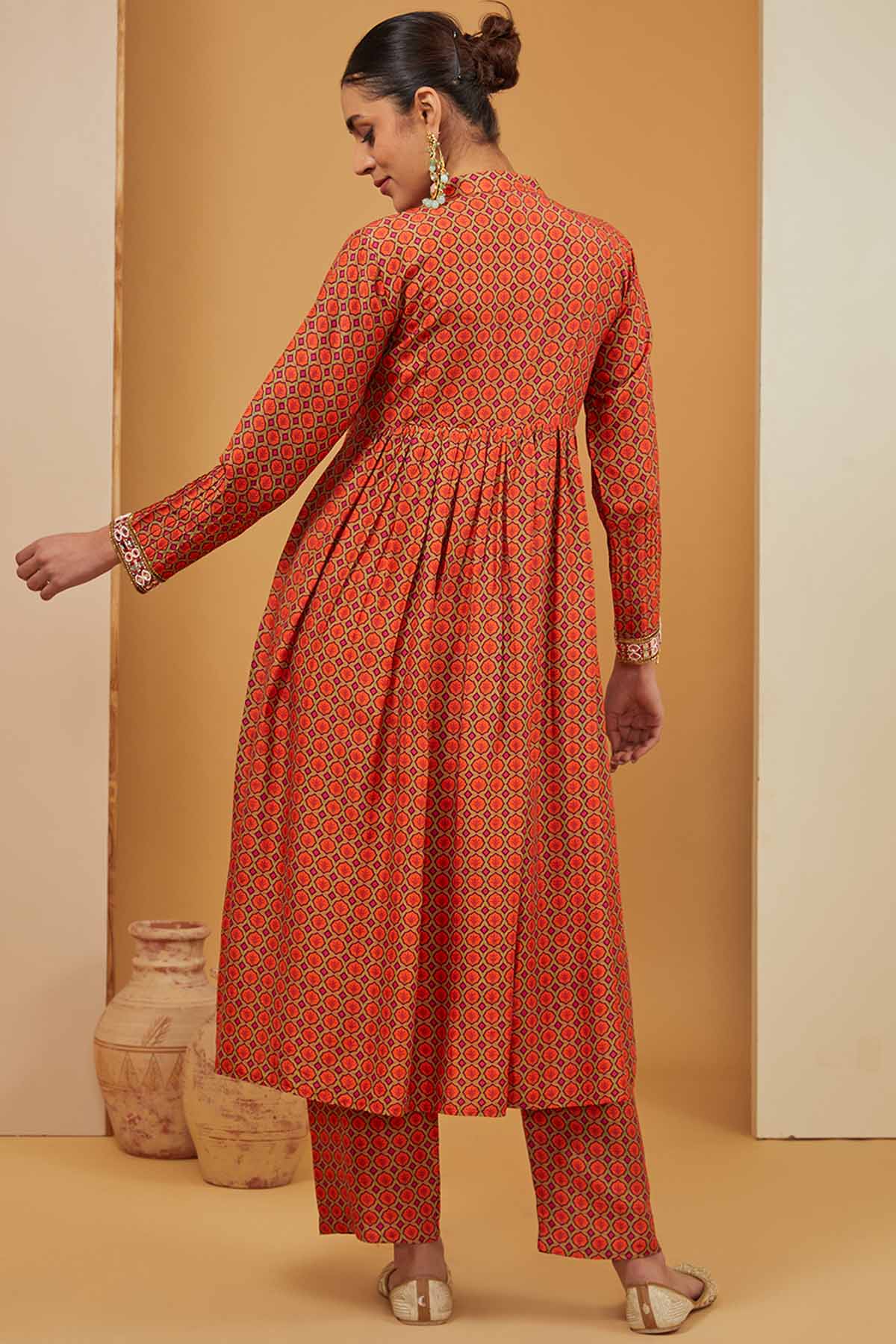 Orange Printed Flared Kurta Set