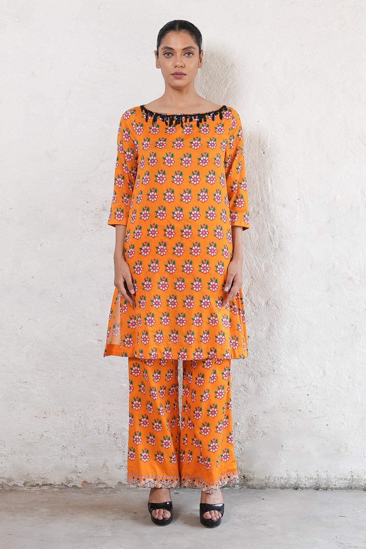 Buy Orange Printed Kurta & Palazzo by Saksham Neharicka for women online at ScrollnShops