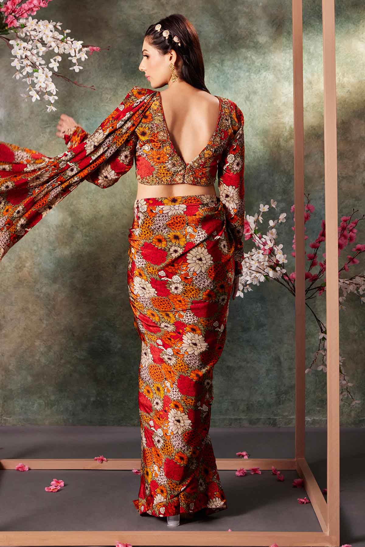 Orange Printed Pre-Draped Saree