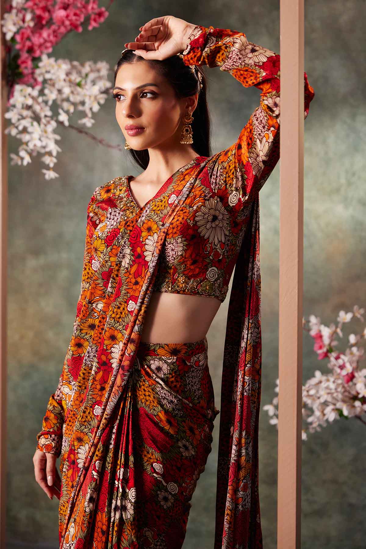 Orange Printed Pre-Draped Saree