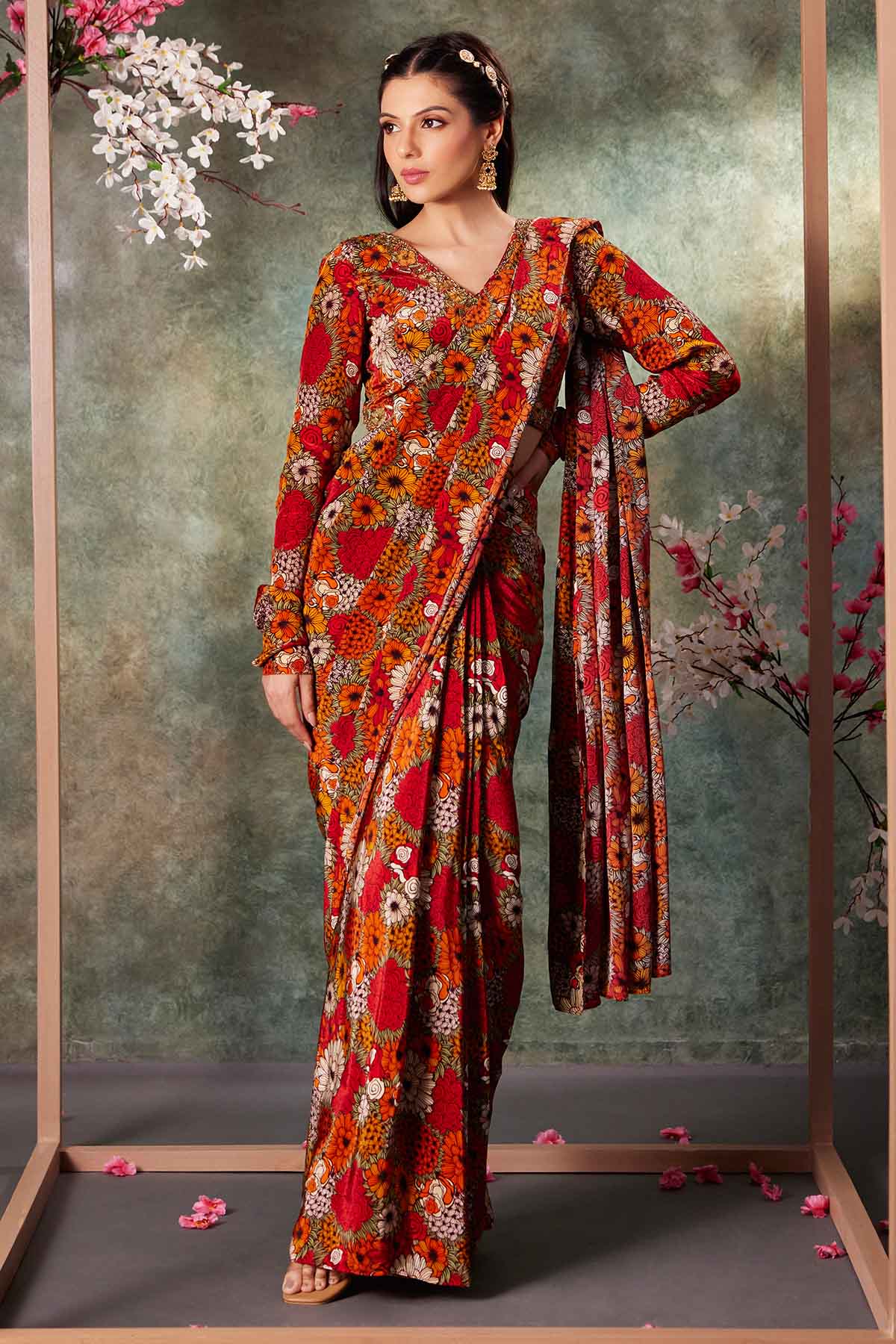 Buy Orange Printed Pre-Draped Saree by Mehak Murpana for women online at ScrollnShops