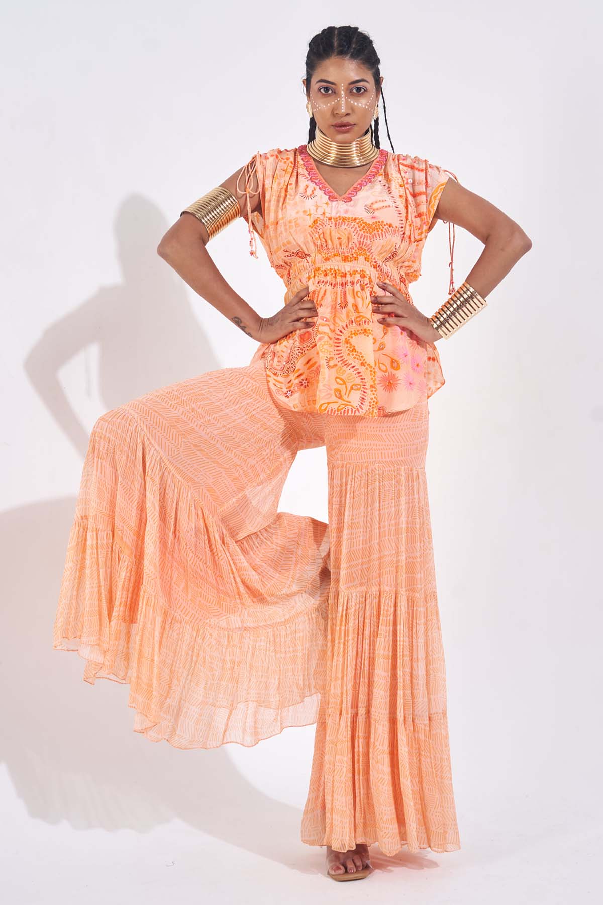 Orange Printed Ruffle Sharara