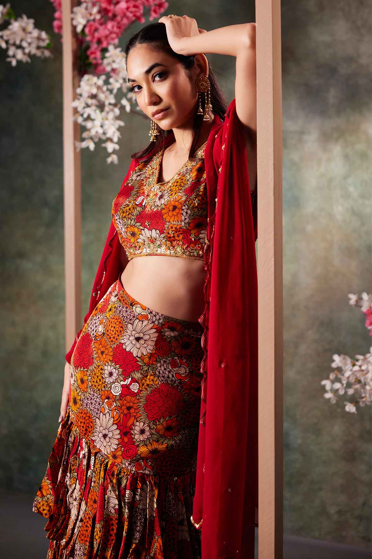 Orange Printed Ruffle Skirt Set