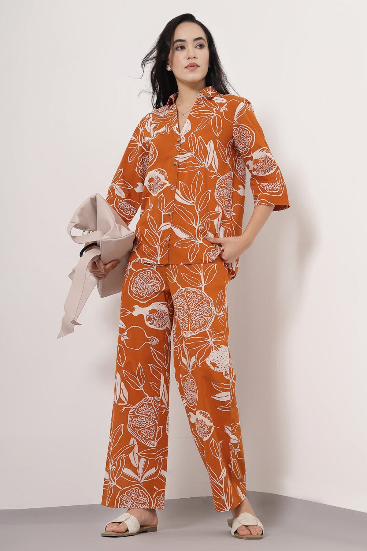 Buy Orange Printed Shirt & Pants for Women by Qomn Designer online available at scrollnshops
