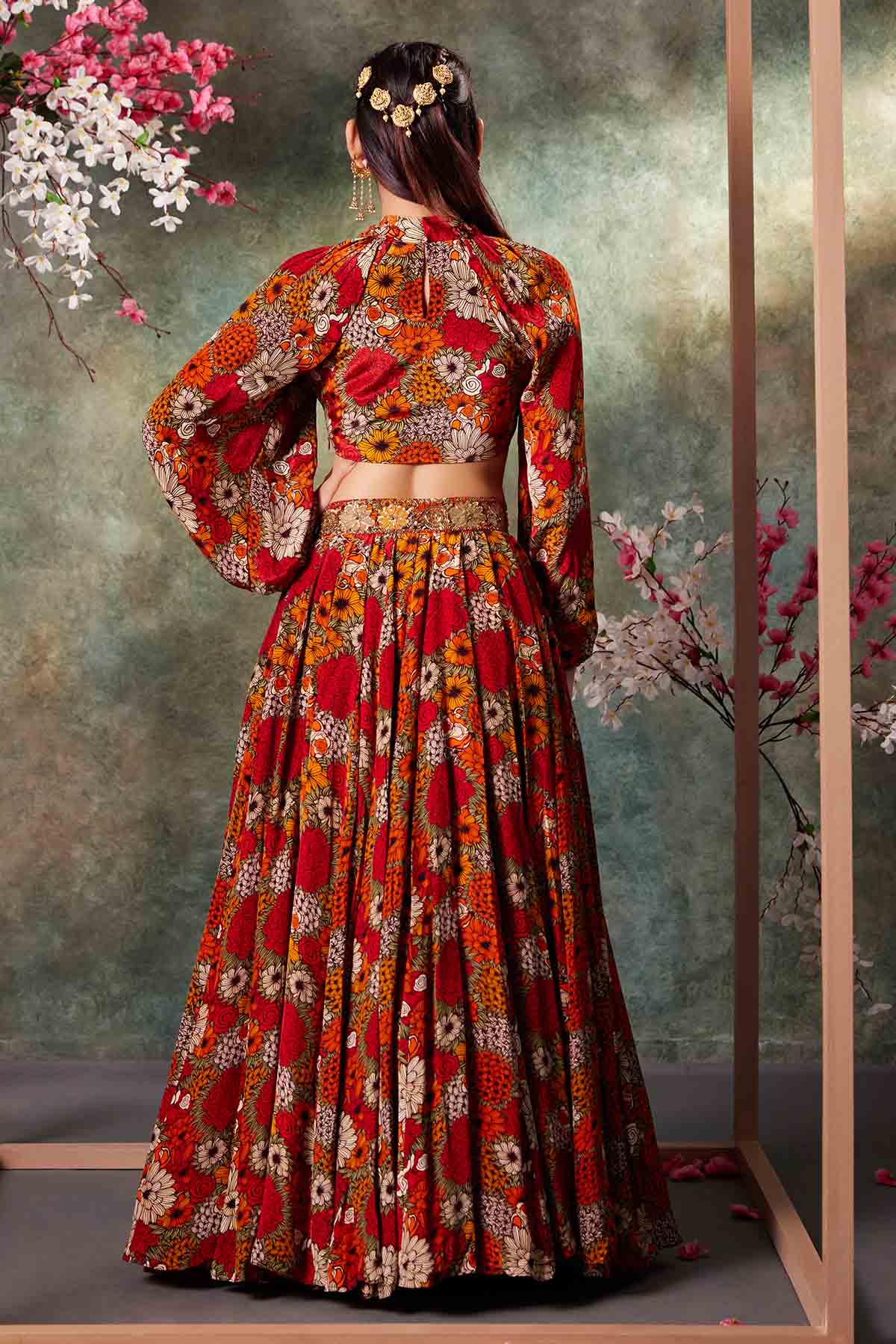 Orange Printed Top & Lehenga