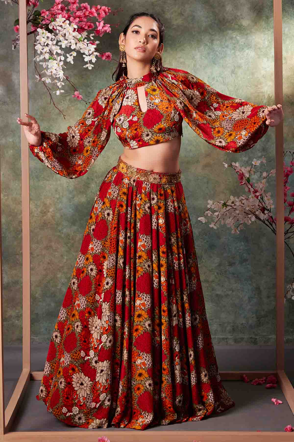 Buy Orange Printed Top & Lehenga by Mehak Murpana for women online at ScrollnShops