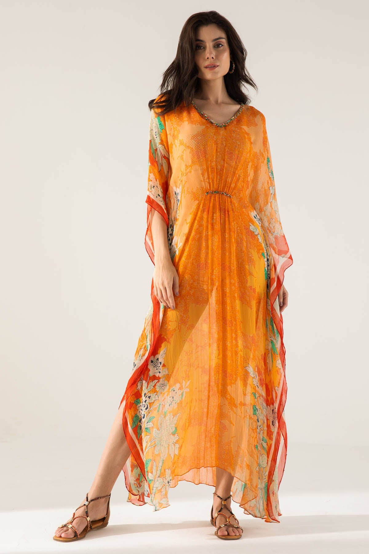 Reena Sharma Orange Printed V-Neck Kaftan For Women Online at ScrollnShops