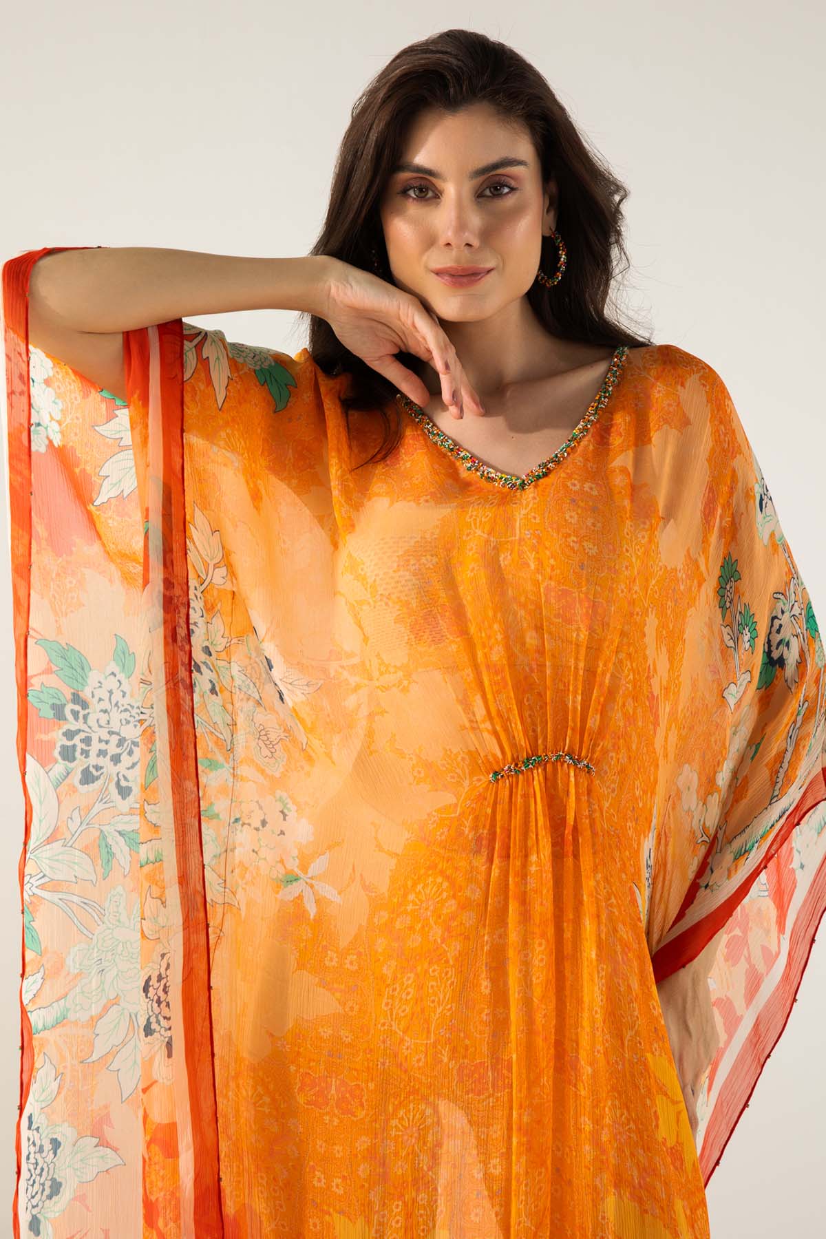Orange Printed V-Neck Kaftan