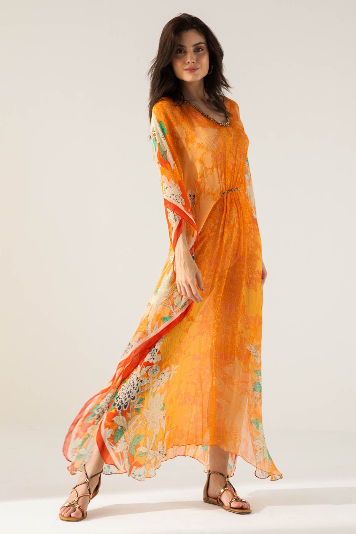 Orange Printed V-Neck Kaftan