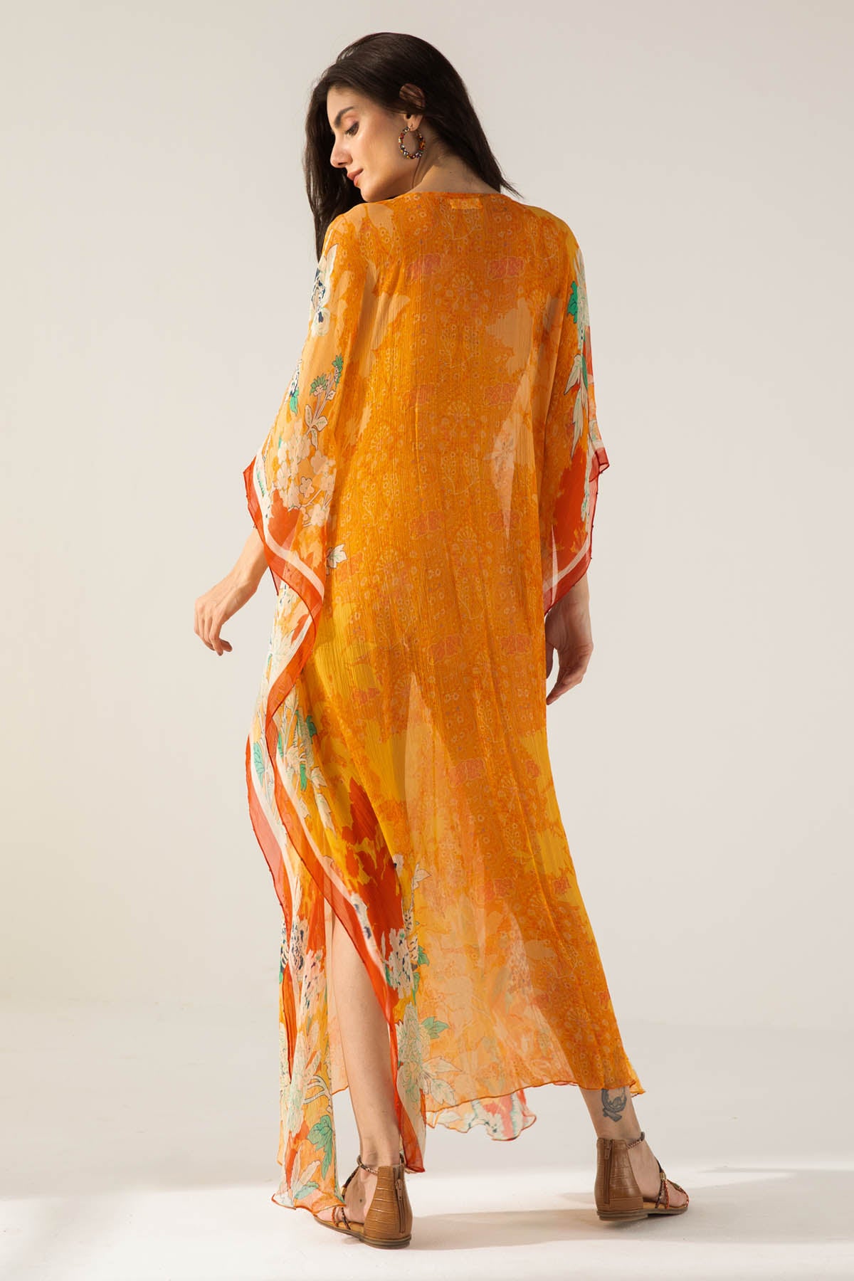 Orange Printed V-Neck Kaftan
