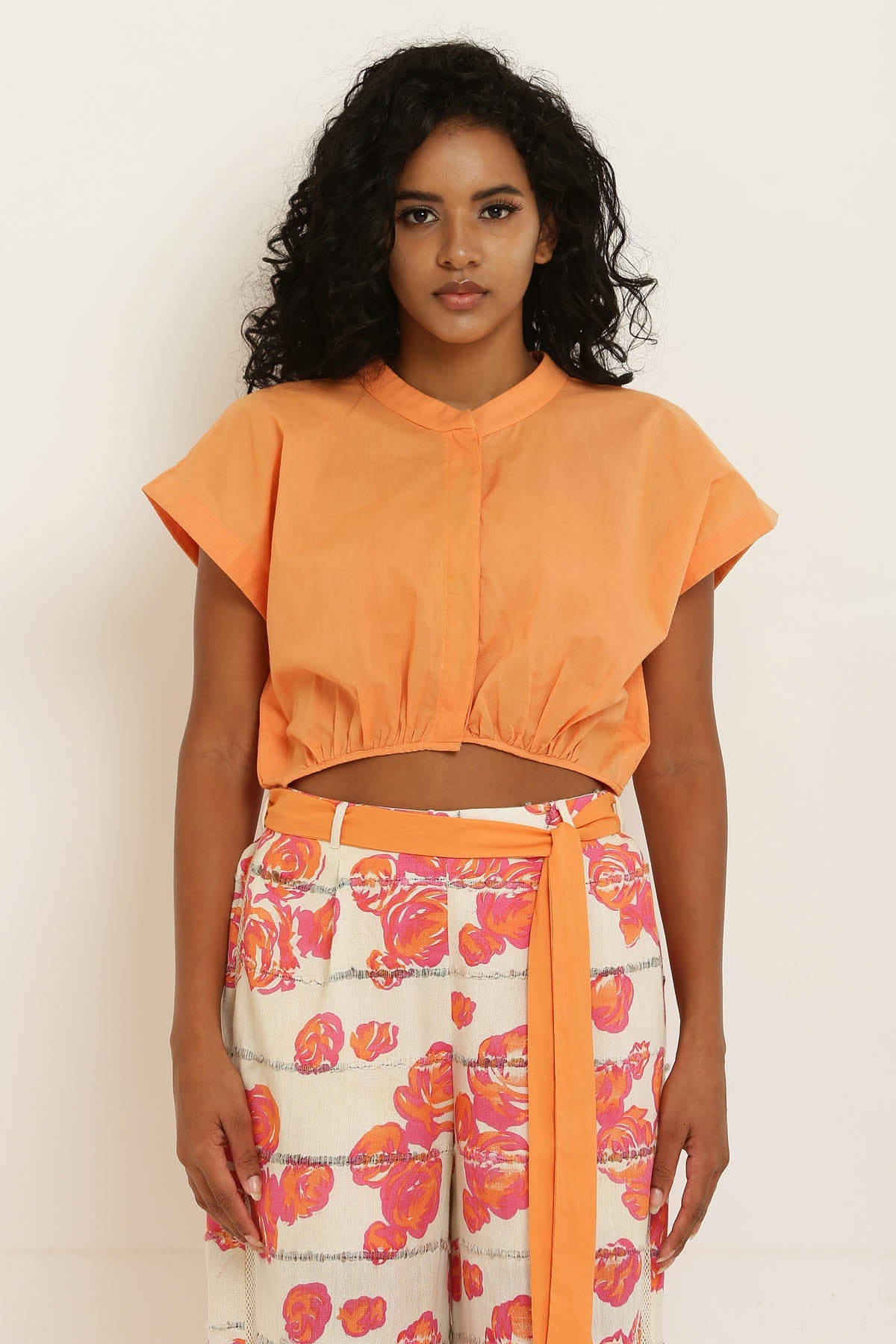 Designer Kusmi Citrus Sunrise: Button-Down Crop Top For Women at ScrollnShops