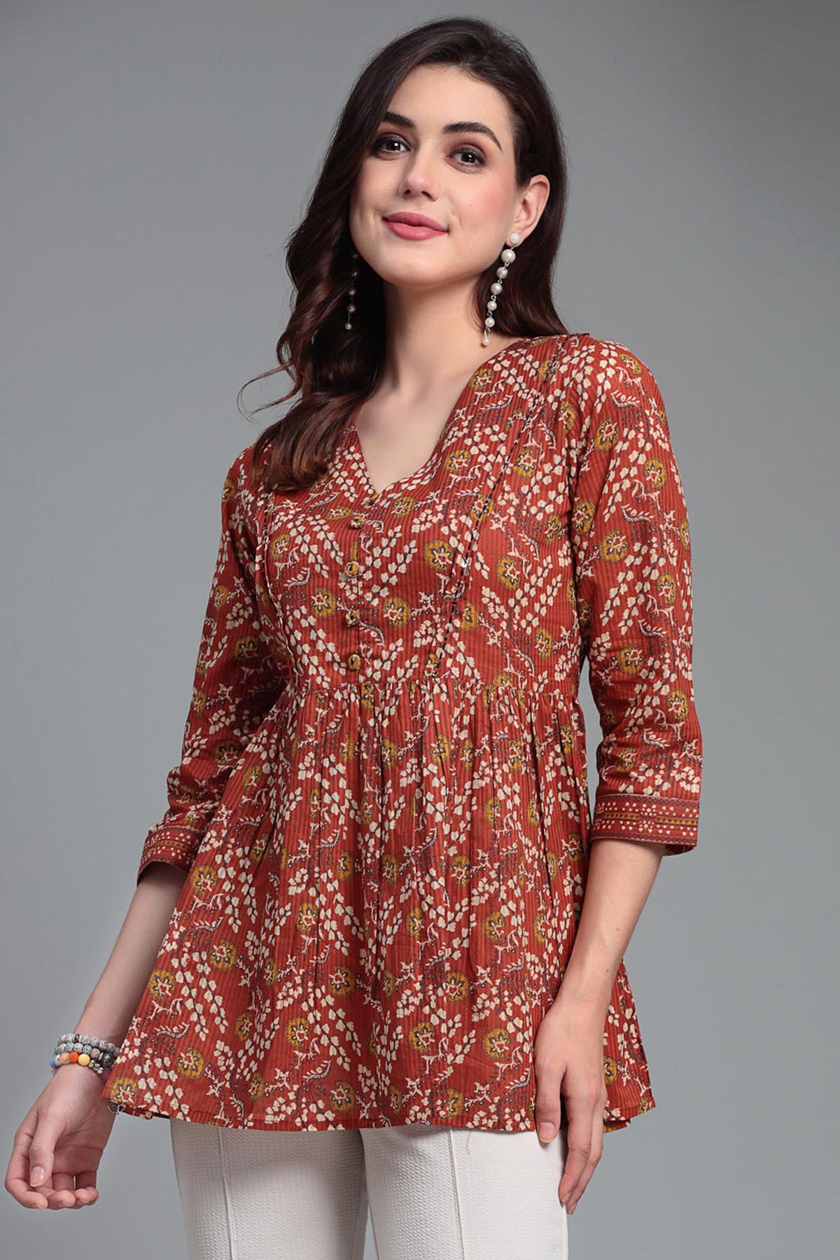 Buy Orange Pure Cotton Gathered Top for Women by Qomn Designer online available at scrollnshops