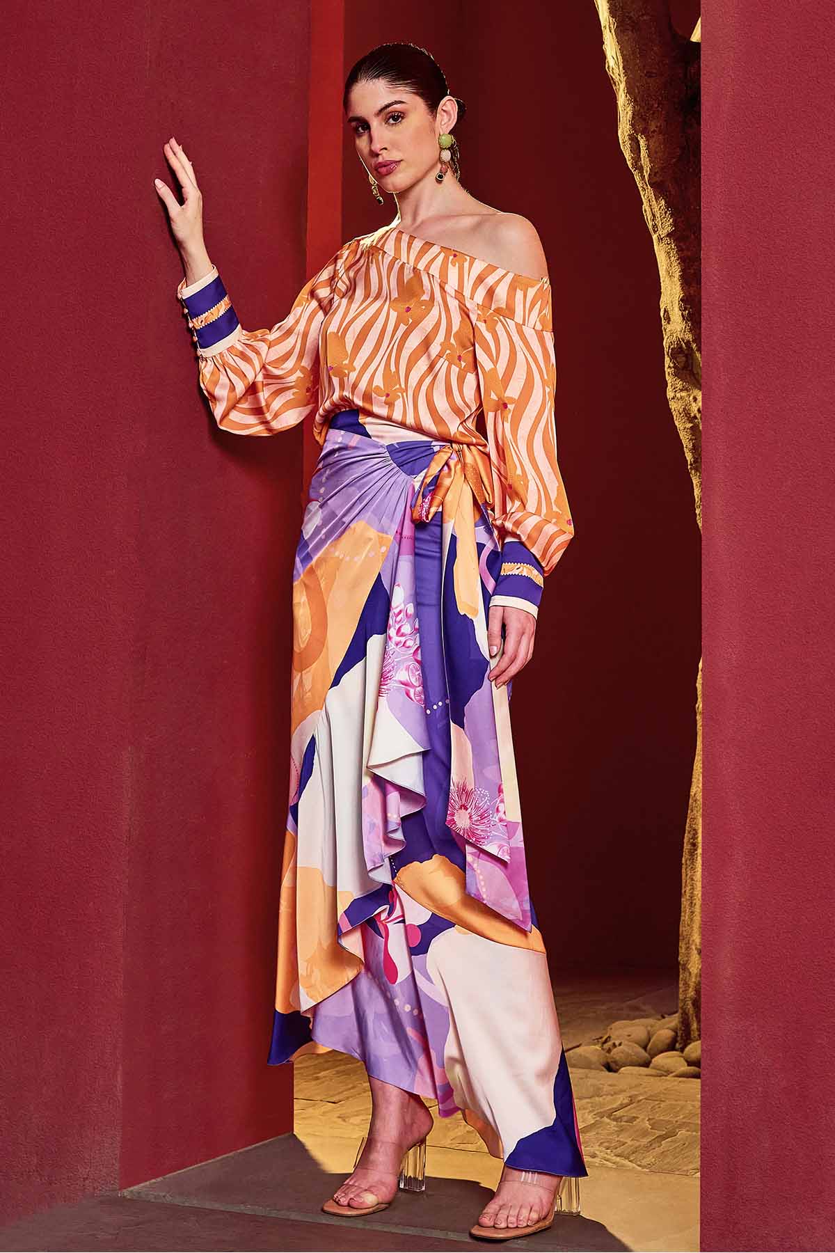 Buy Orange & Purple Top & Wrap Skirt by Mandira Wirk