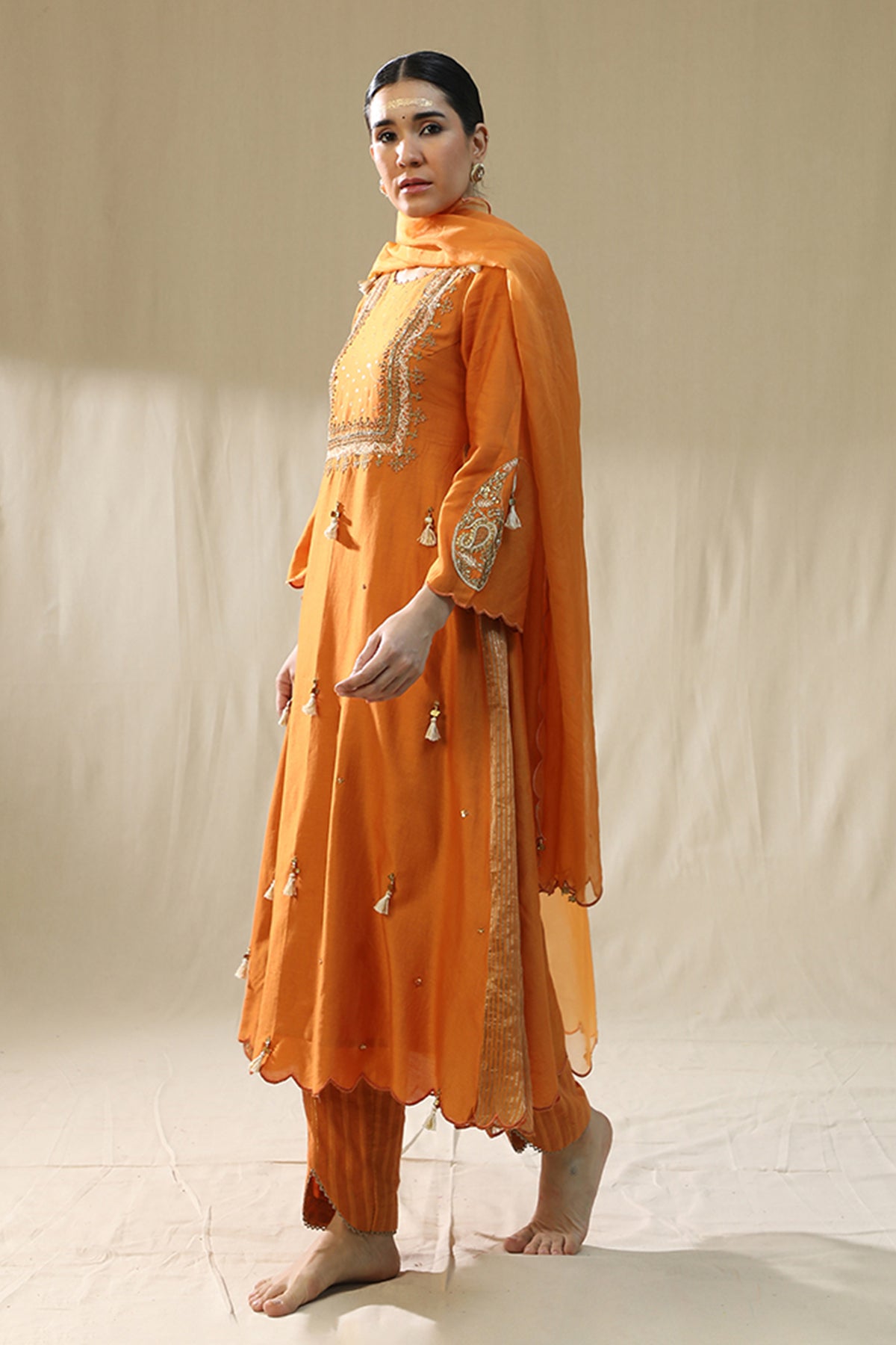 Orange Resham A-Line Kurta Set