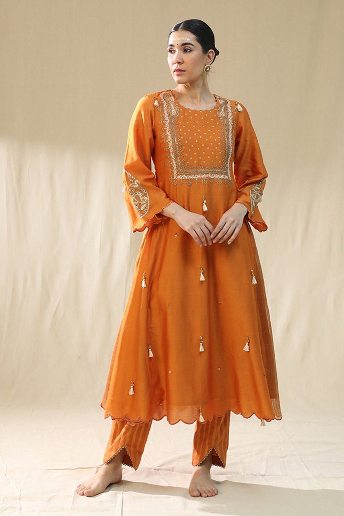 Orange Resham A-Line Kurta Set
