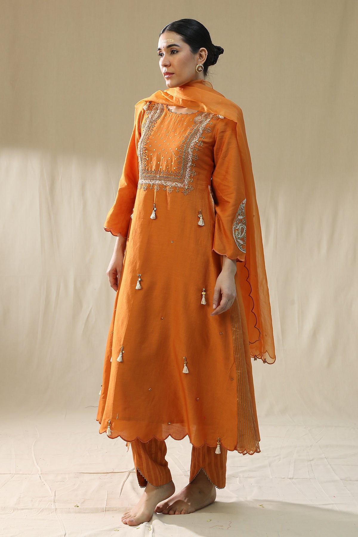 Orange Resham A-Line Kurta Set