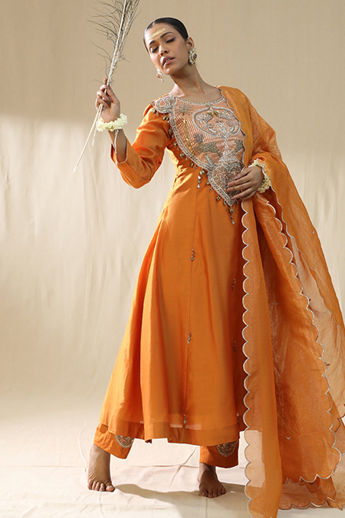 Orange Round Neck Kurta Set