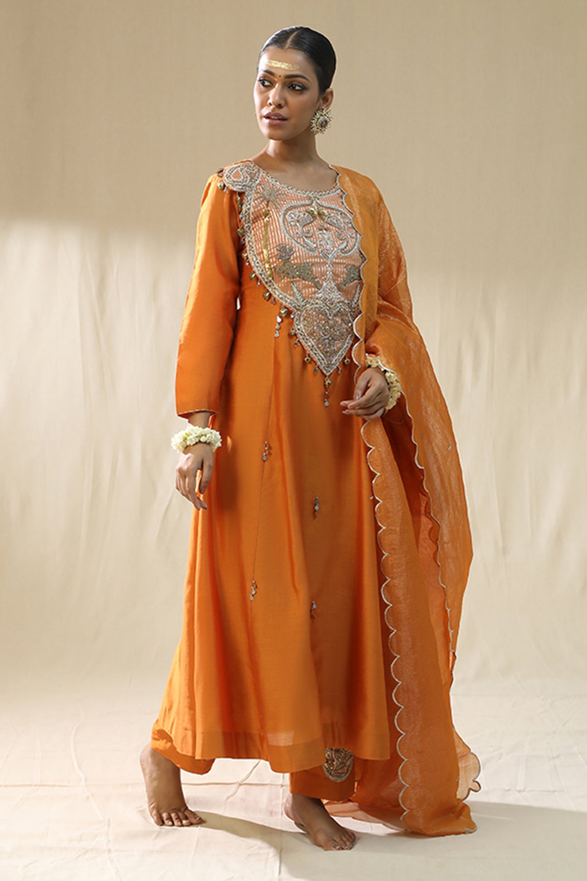 Orange Round Neck Kurta Set